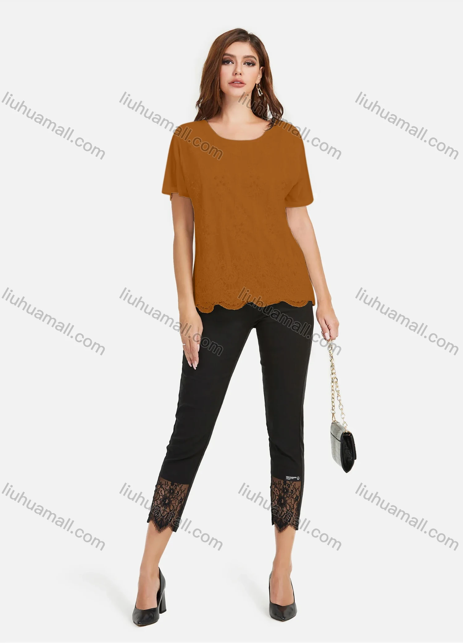 Wholesale Women's Casual Plain Pearl Decor Embroidery Scallop Hem Tee & Lace Splicing Cropped Pant Set - Liuhuamall