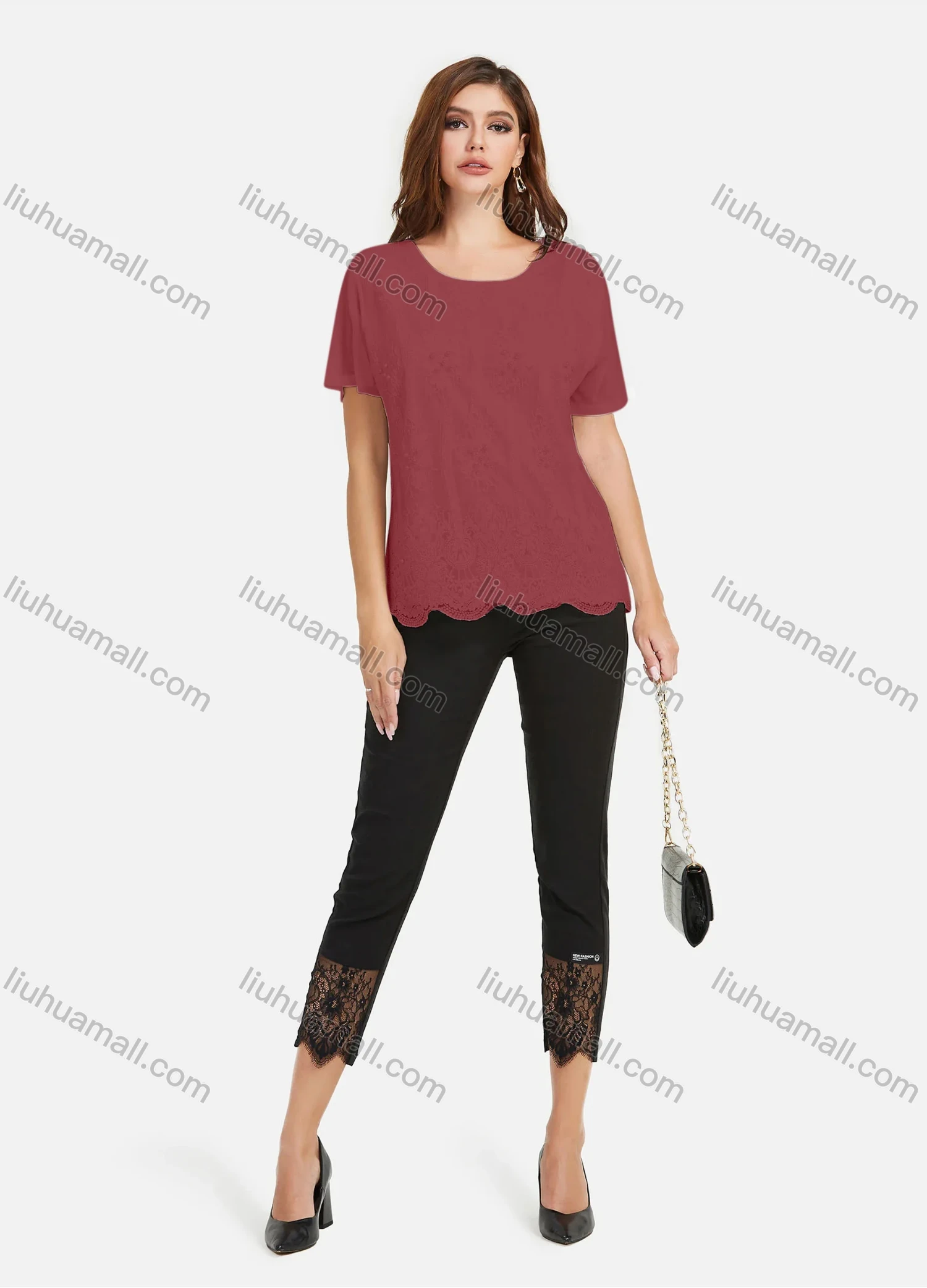 Wholesale Women's Casual Plain Pearl Decor Embroidery Scallop Hem Tee & Lace Splicing Cropped Pant Set - Liuhuamall