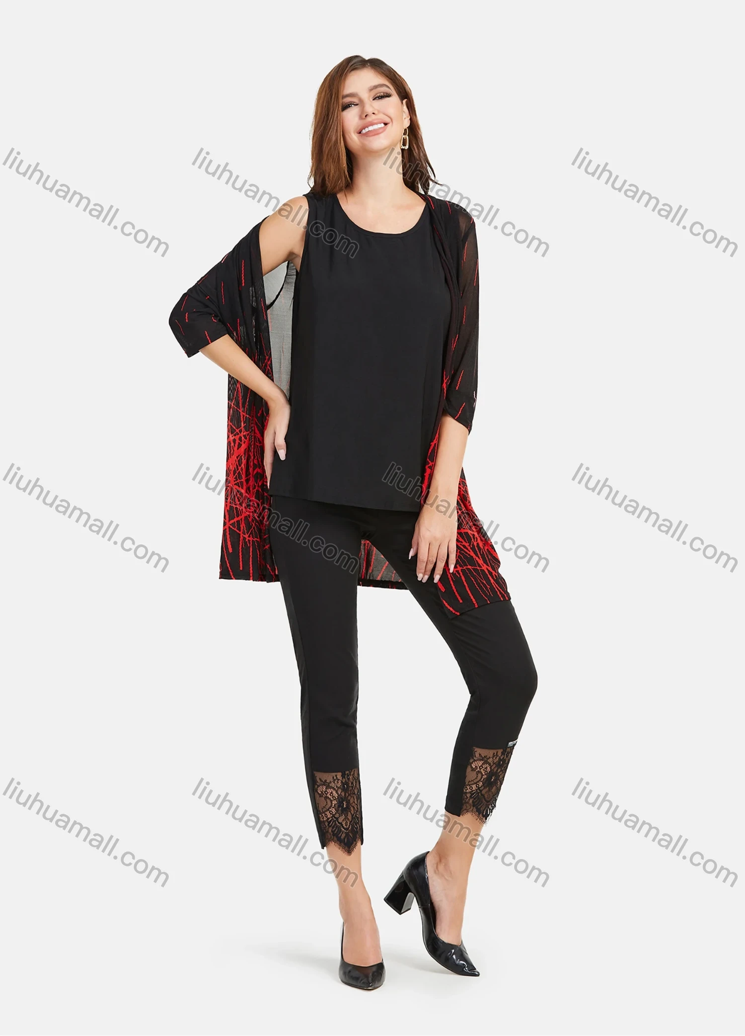 Wholesale Women's Casual Abstract Print Half Sleeve Cardigan & Sheer Embroidery Lace Splicing Cropped Pant Set - Liuhuamall