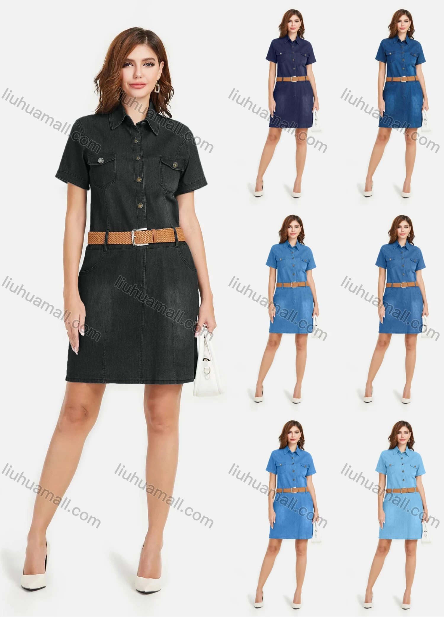 Wholesale Women's Denim Short Sleeve Collared Button Front Casual Short Dress With Belt - Liuhuamall