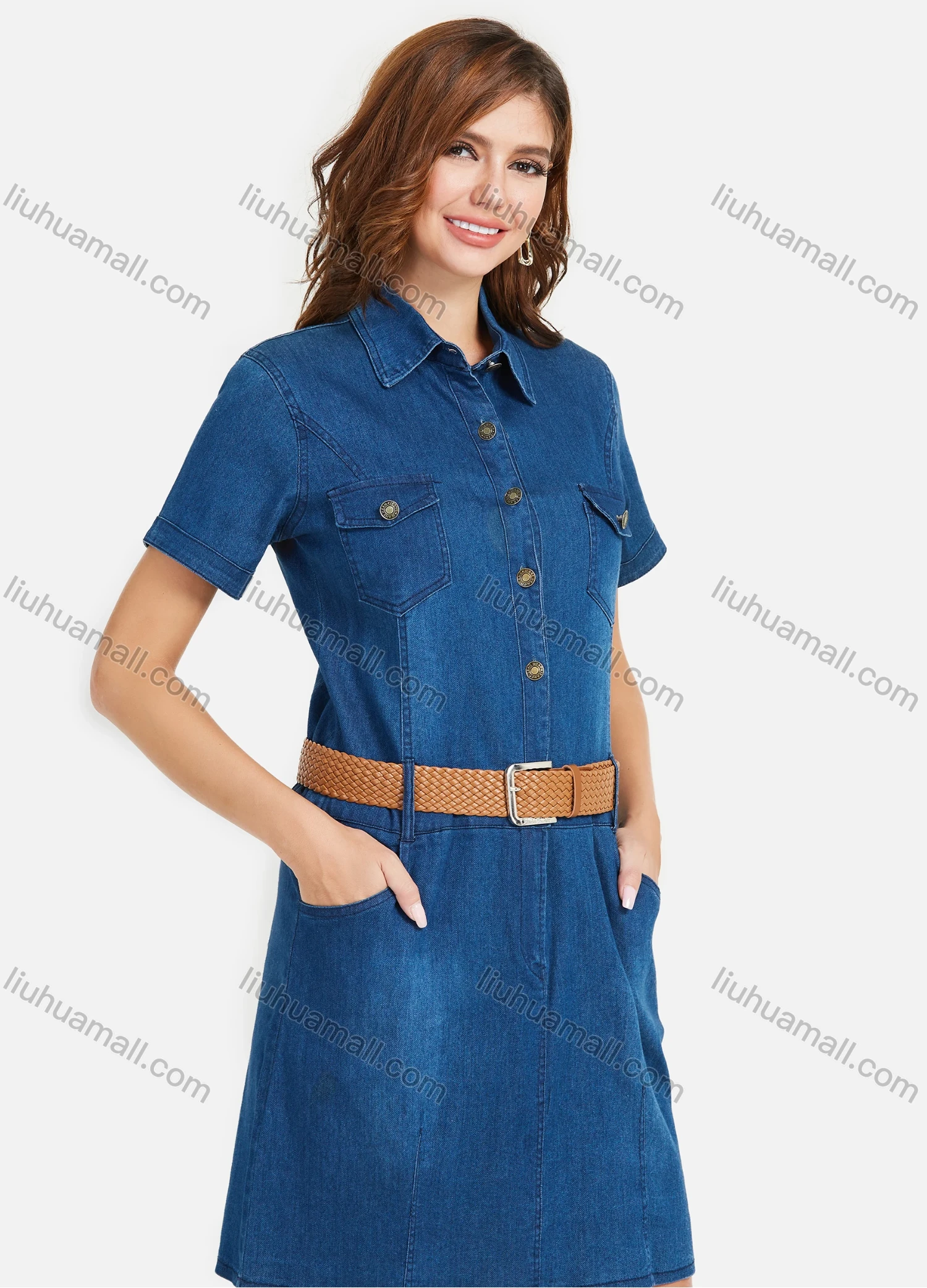 Wholesale Women's Denim Short Sleeve Collared Button Front Casual Short Dress With Belt - Liuhuamall
