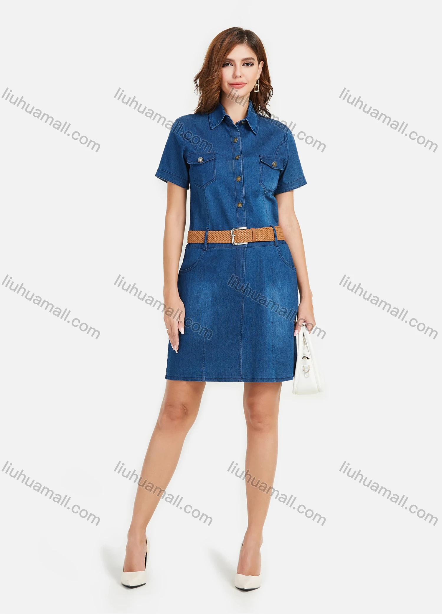 Wholesale Women's Denim Short Sleeve Collared Button Front Casual Short Dress With Belt - Liuhuamall