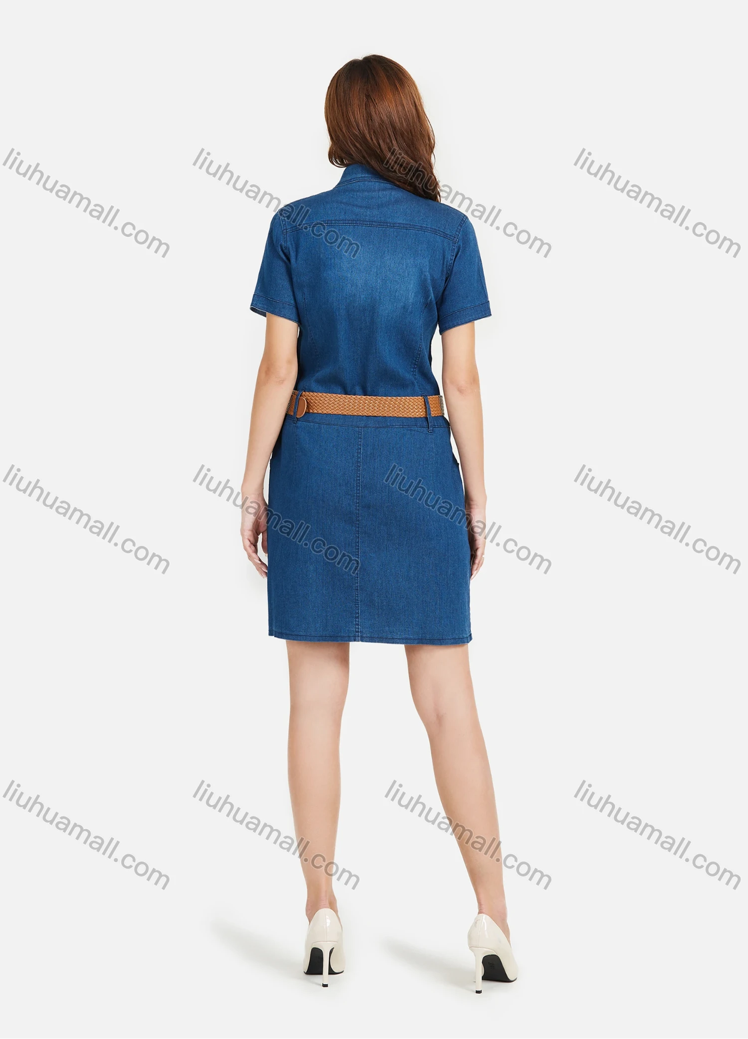Wholesale Women's Denim Short Sleeve Collared Button Front Casual Short Dress With Belt - Liuhuamall
