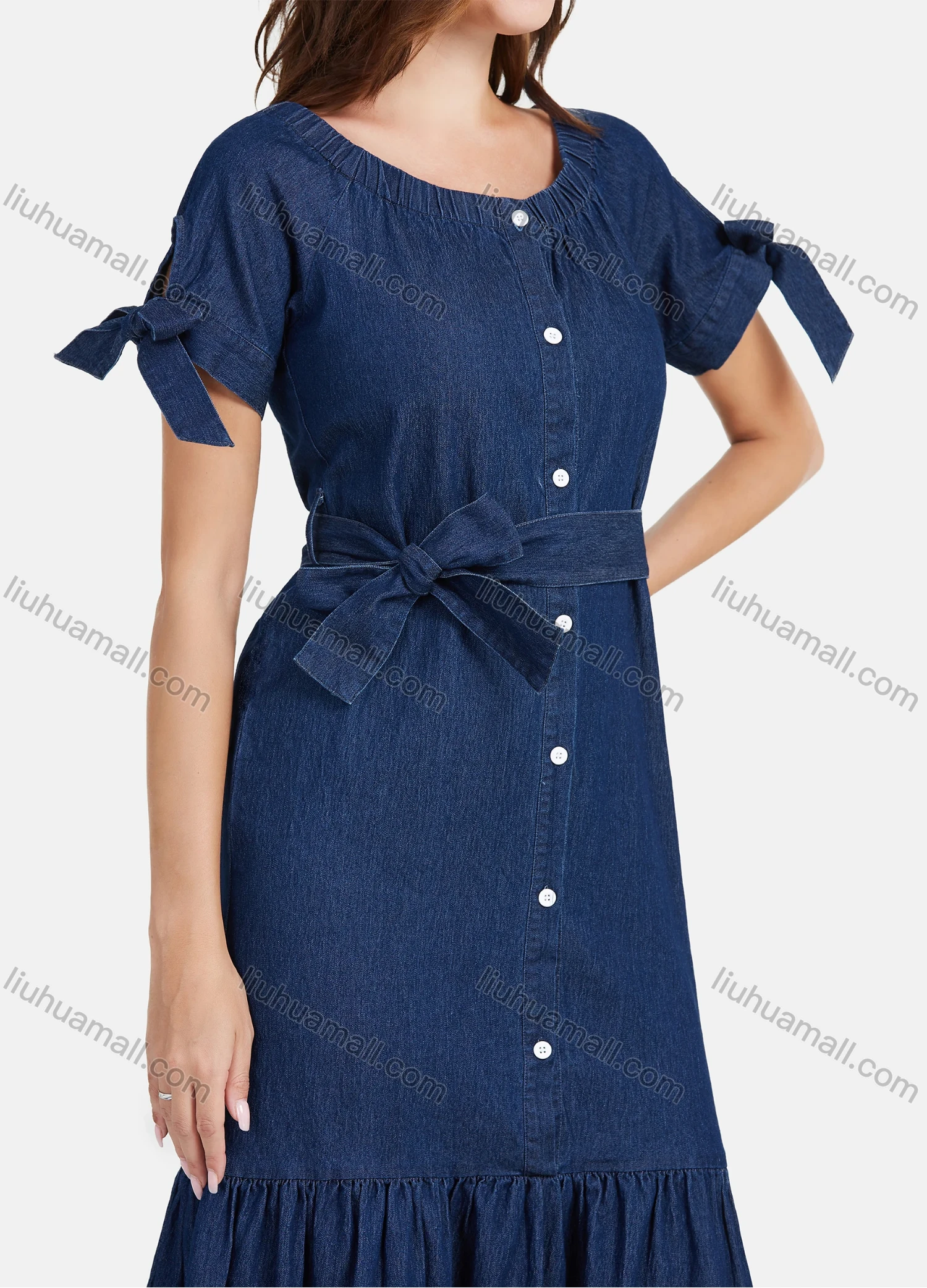 Wholesale Women's Plus Size Button Front Ruffle Hem Denim Casual Maxi Dress With Belt - Liuhuamall
