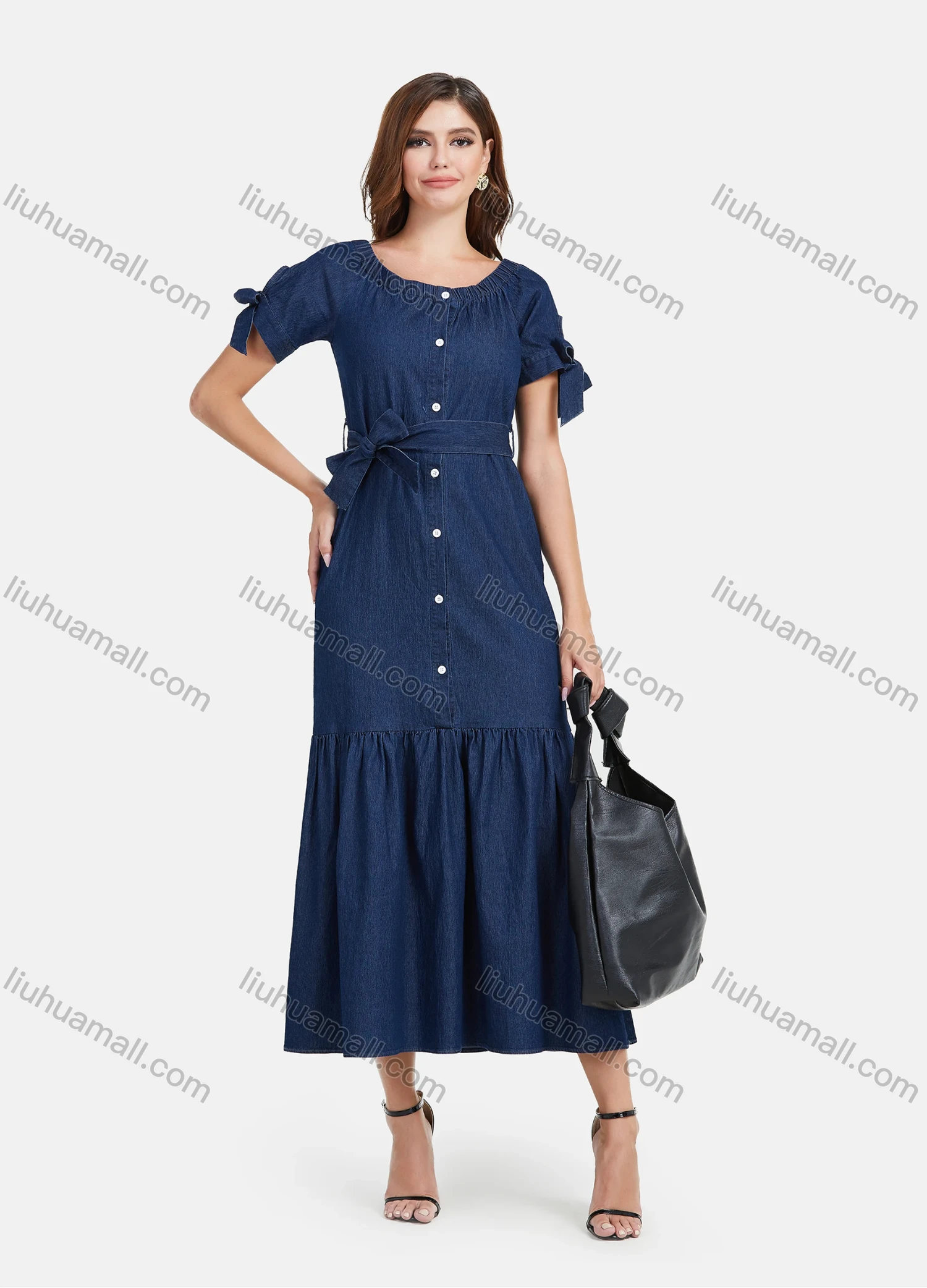 Wholesale Women's Plus Size Button Front Ruffle Hem Denim Casual Maxi Dress With Belt - Liuhuamall