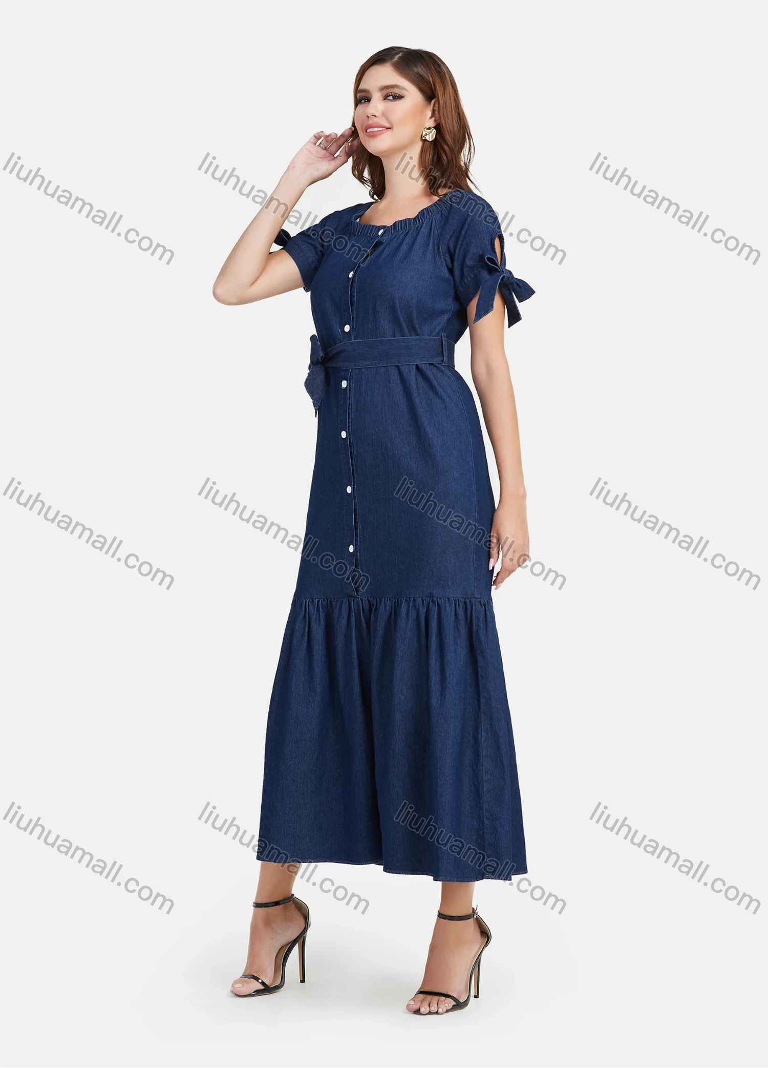 Wholesale Women's Plus Size Button Front Ruffle Hem Denim Casual Maxi Dress With Belt - Liuhuamall
