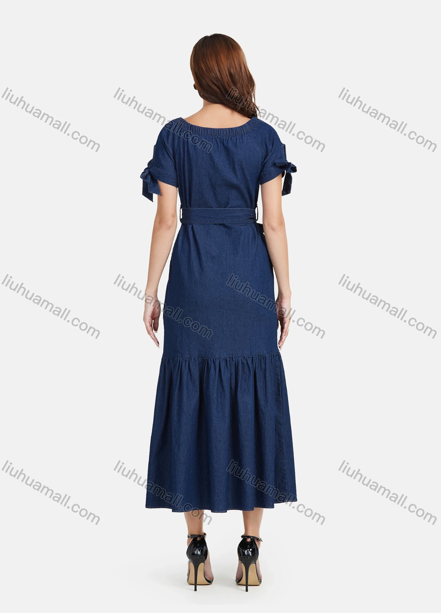 Wholesale Women's Plus Size Button Front Ruffle Hem Denim Casual Maxi Dress With Belt - Liuhuamall