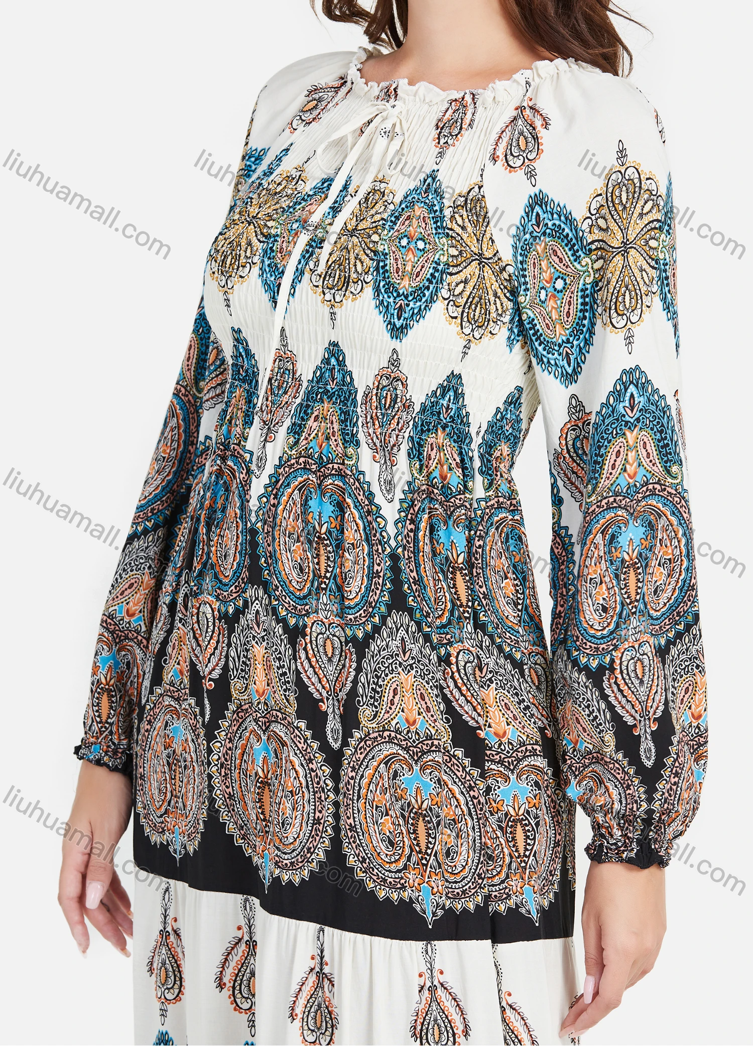 Wholesale Women's Paisley Print Tie Neck Lantern Sleeve Boho Style Maxi Dress - Liuhuamall