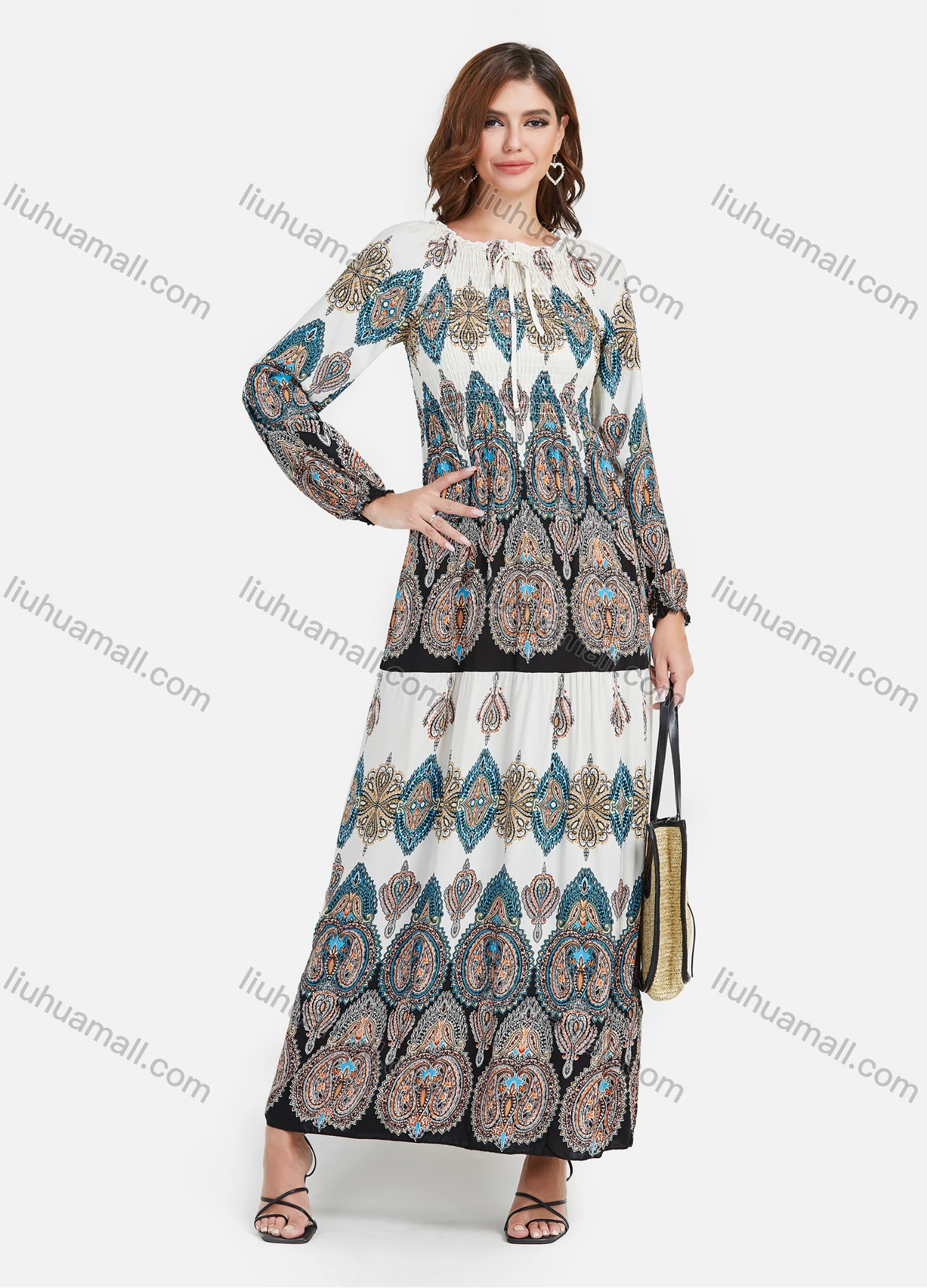 Wholesale Women's Paisley Print Tie Neck Lantern Sleeve Boho Style Maxi Dress - Liuhuamall