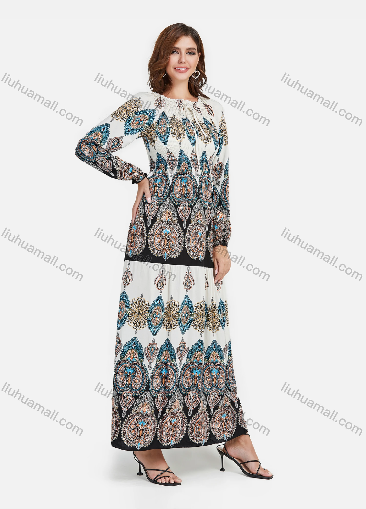 Wholesale Women's Paisley Print Tie Neck Lantern Sleeve Boho Style Maxi Dress - Liuhuamall