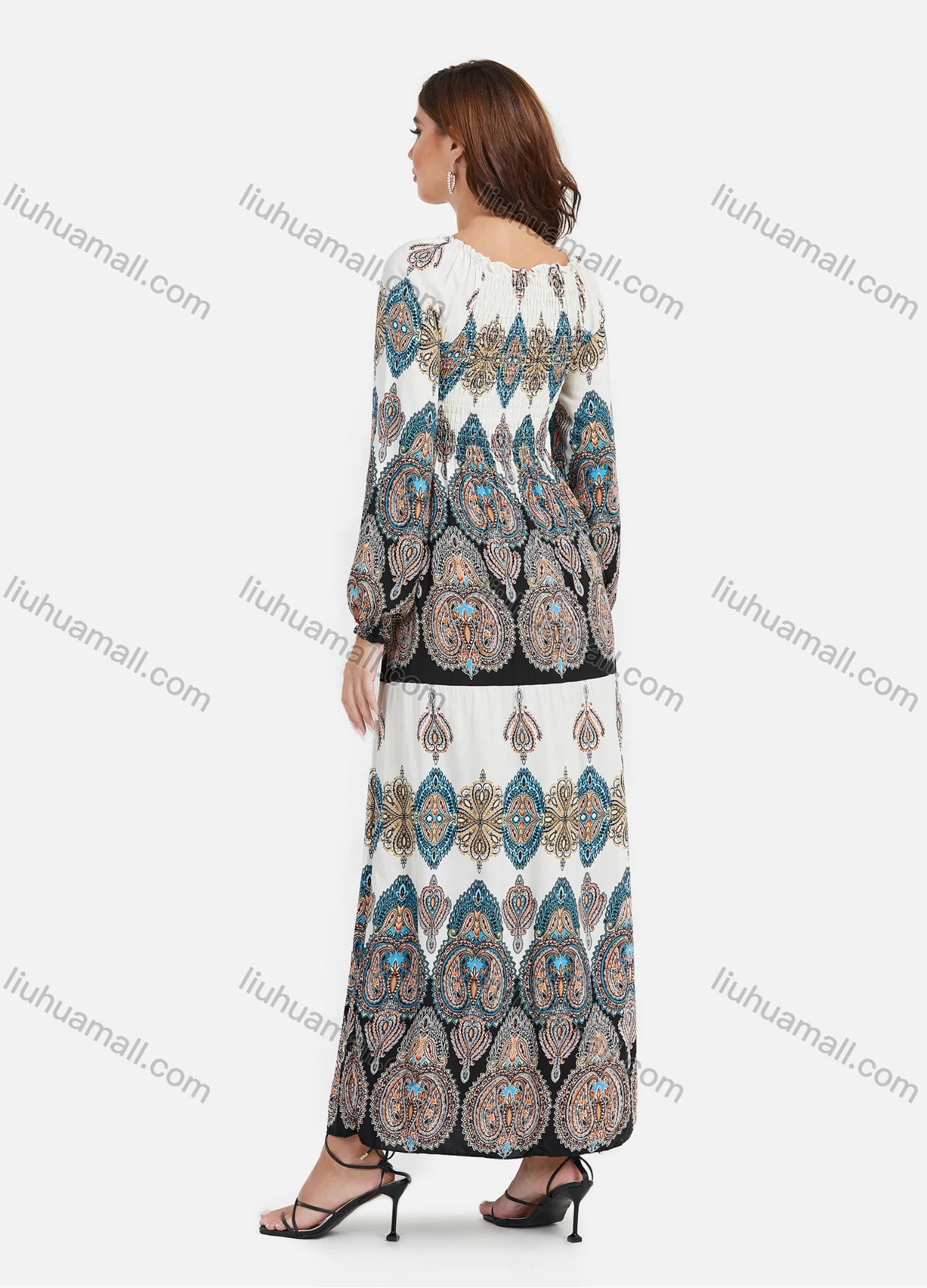Wholesale Women's Paisley Print Tie Neck Lantern Sleeve Boho Style Maxi Dress - Liuhuamall