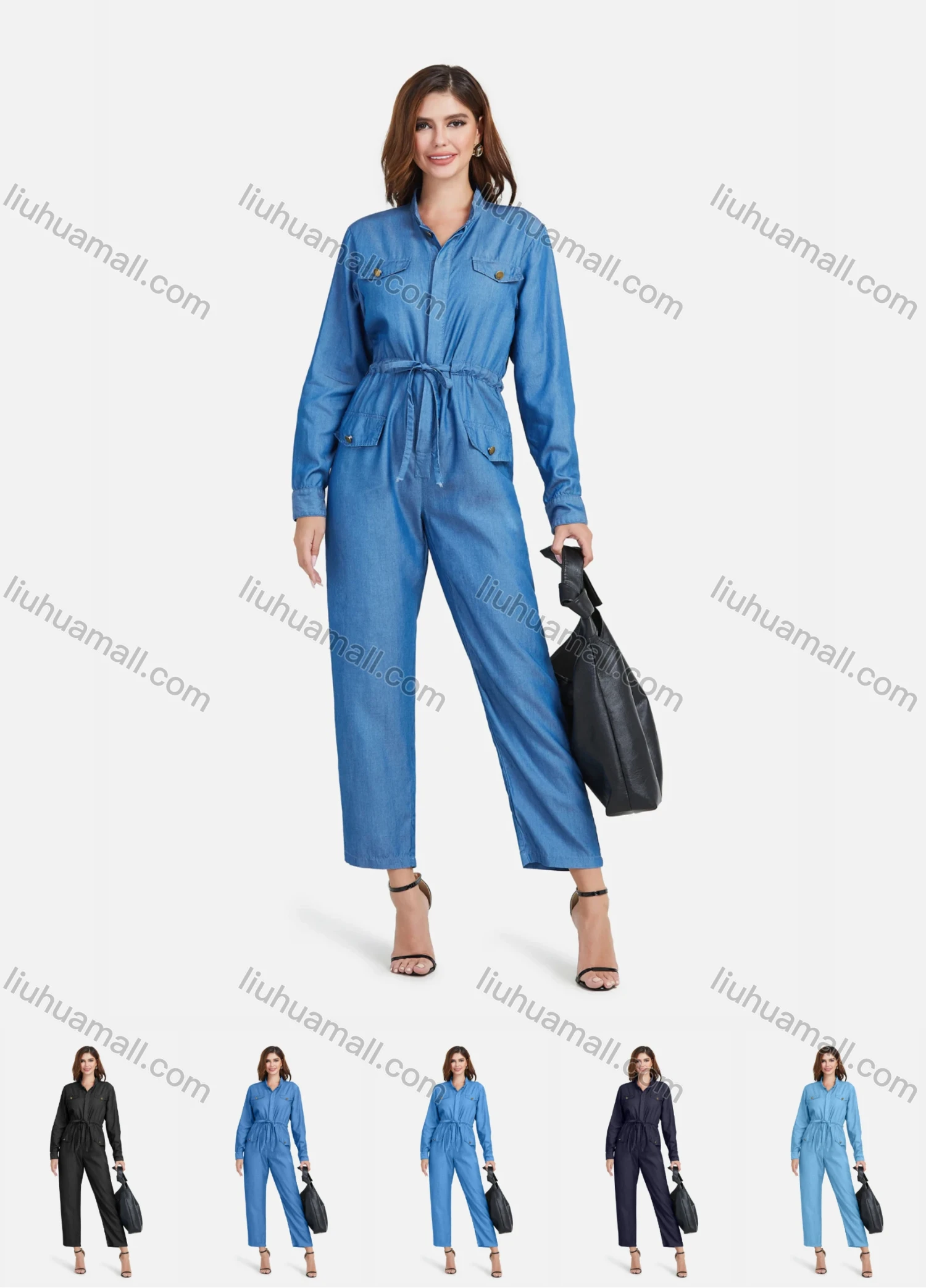 Wholesale Women's Plus Size Long Sleeve Plain Denim Jumpsuits With Belt - Liuhuamall