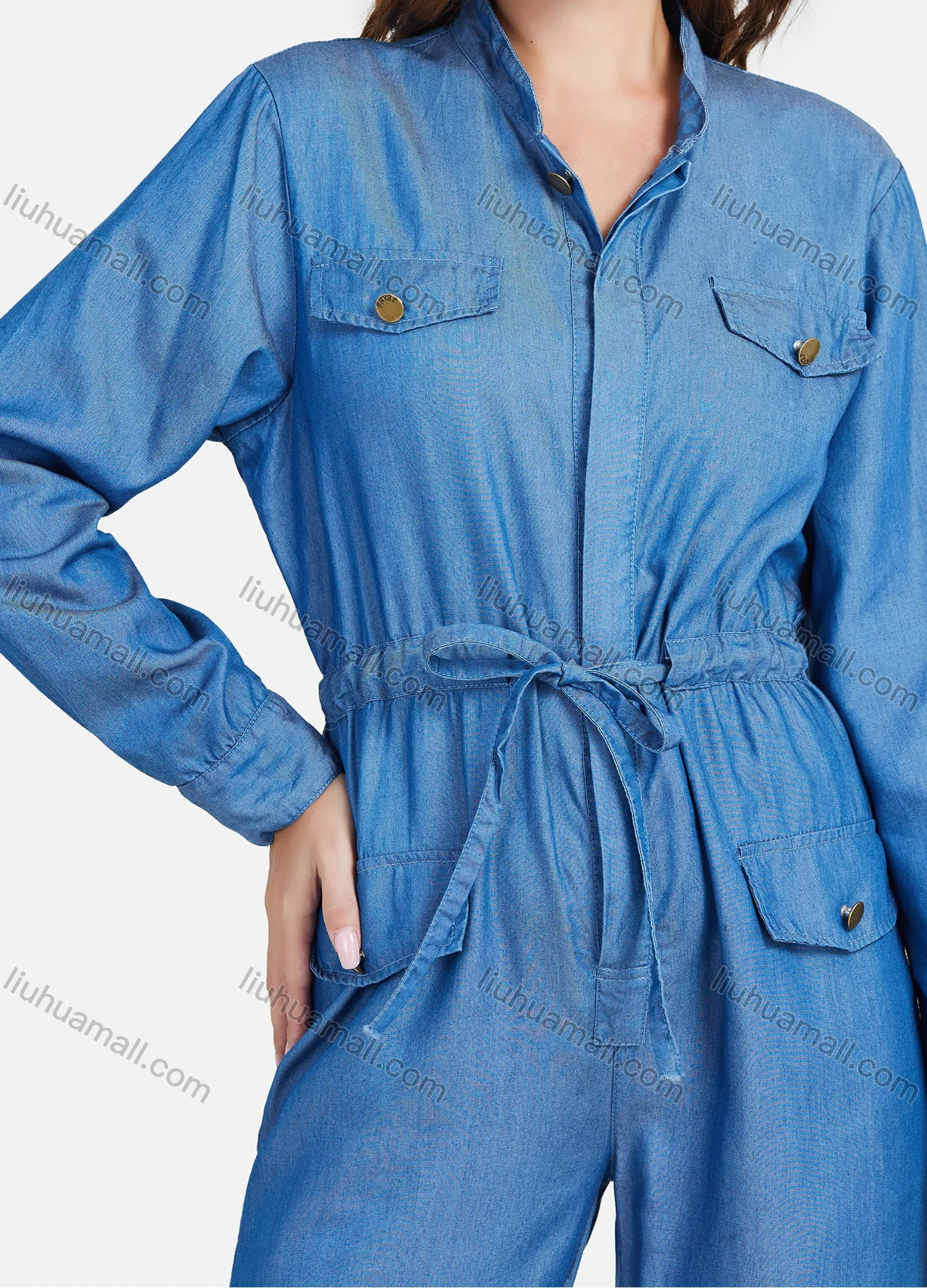 Wholesale Women's Plus Size Long Sleeve Plain Denim Jumpsuits With Belt - Liuhuamall
