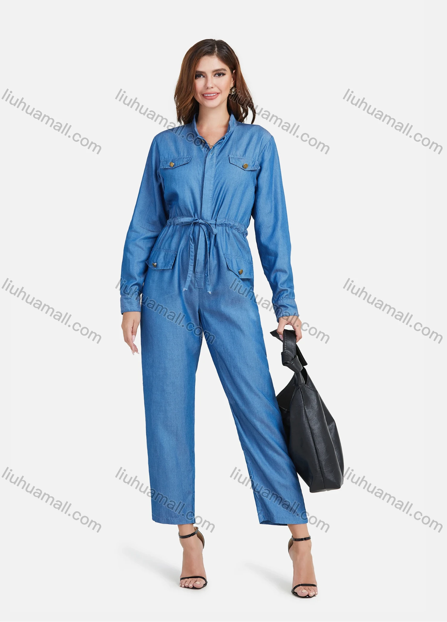 Wholesale Women's Plus Size Long Sleeve Plain Denim Jumpsuits With Belt - Liuhuamall