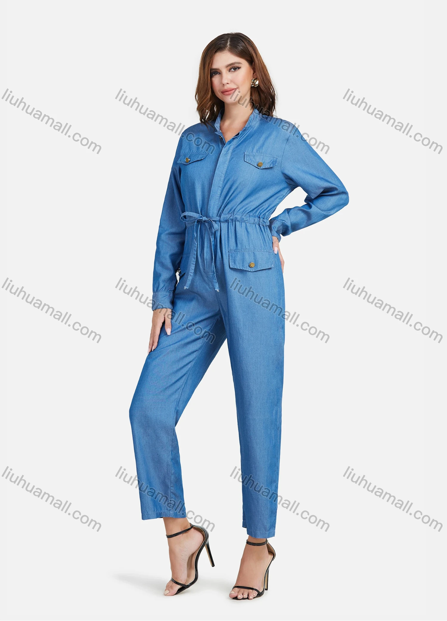 Wholesale Women's Plus Size Long Sleeve Plain Denim Jumpsuits With Belt - Liuhuamall