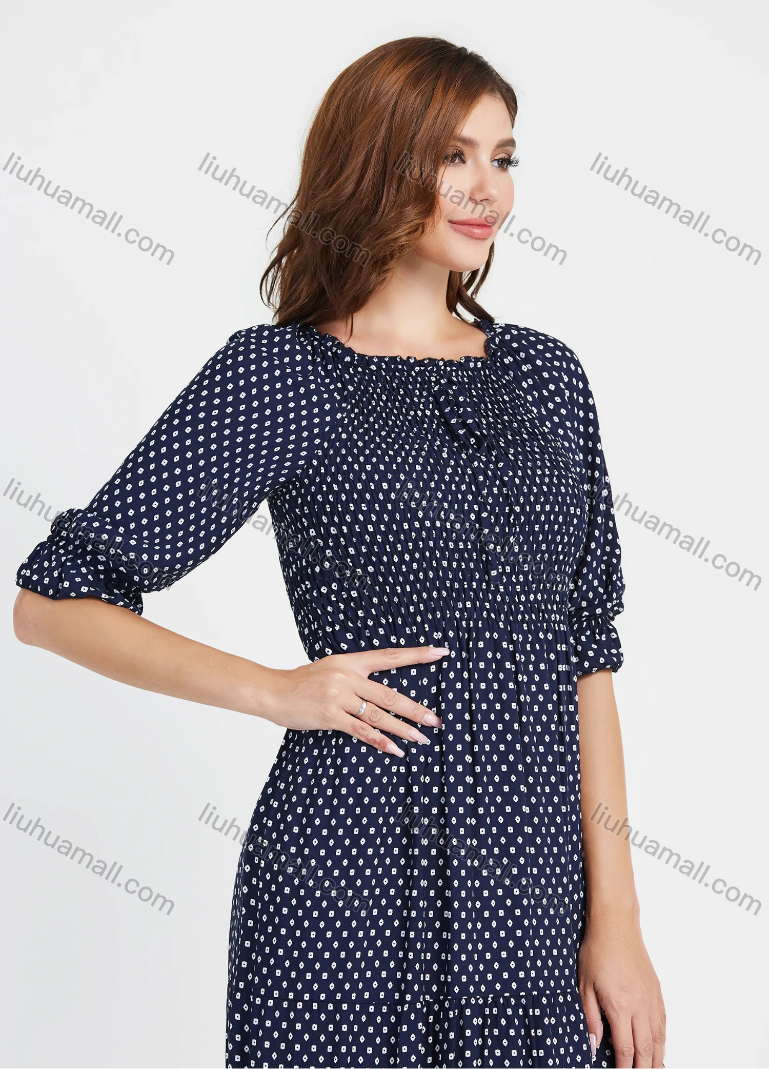 Wholesale Women's Casual Allover Print Half Sleeve Ruffle Hem Maxi Dress - Liuhuamall