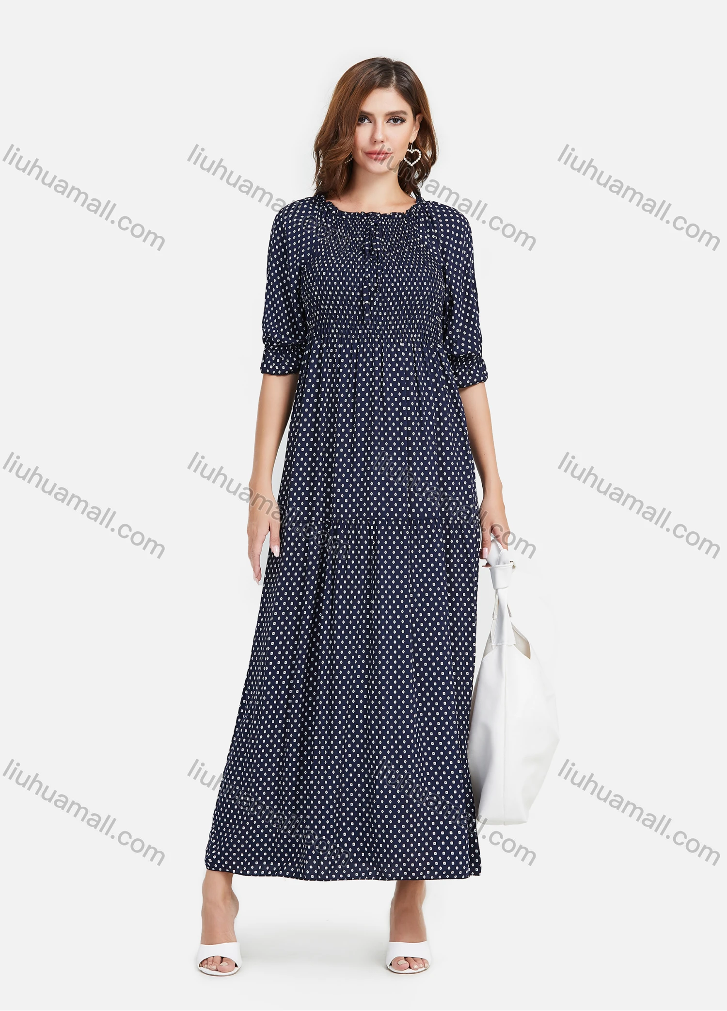Wholesale Women's Casual Allover Print Half Sleeve Ruffle Hem Maxi Dress - Liuhuamall