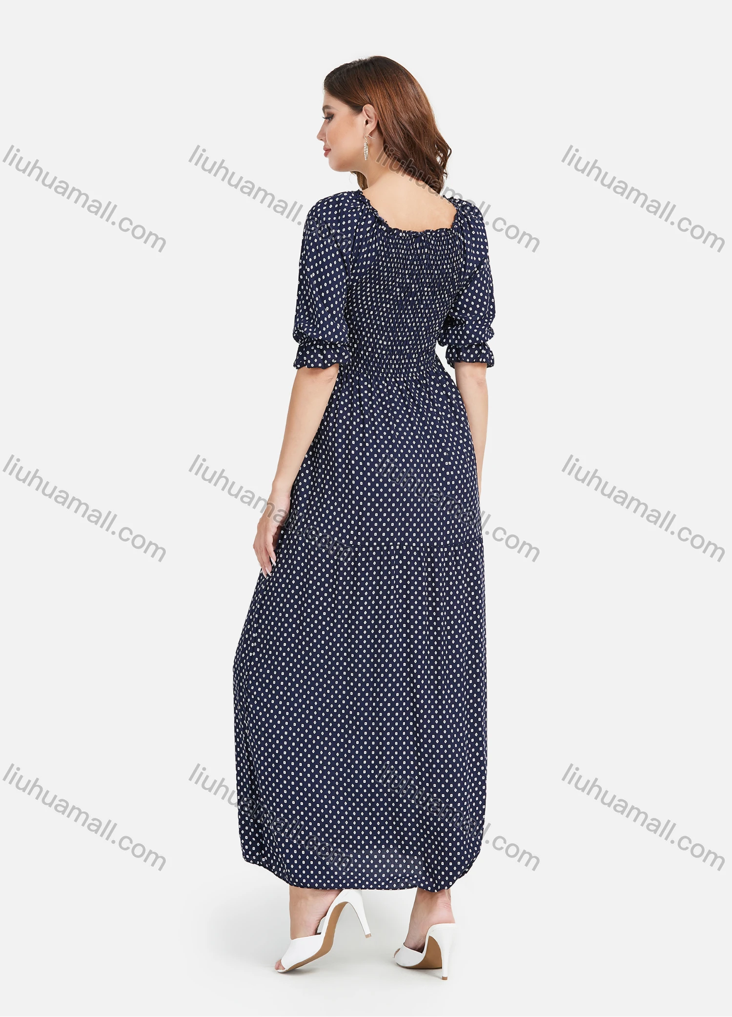 Wholesale Women's Casual Allover Print Half Sleeve Ruffle Hem Maxi Dress - Liuhuamall