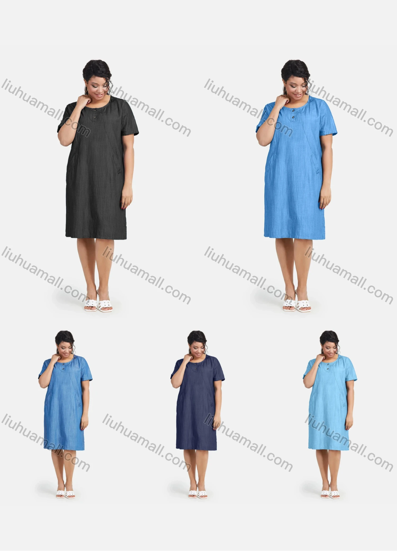 Wholesale Women's Plus Size Round Neck Plain Button Straight Denim Dress - Liuhuamall