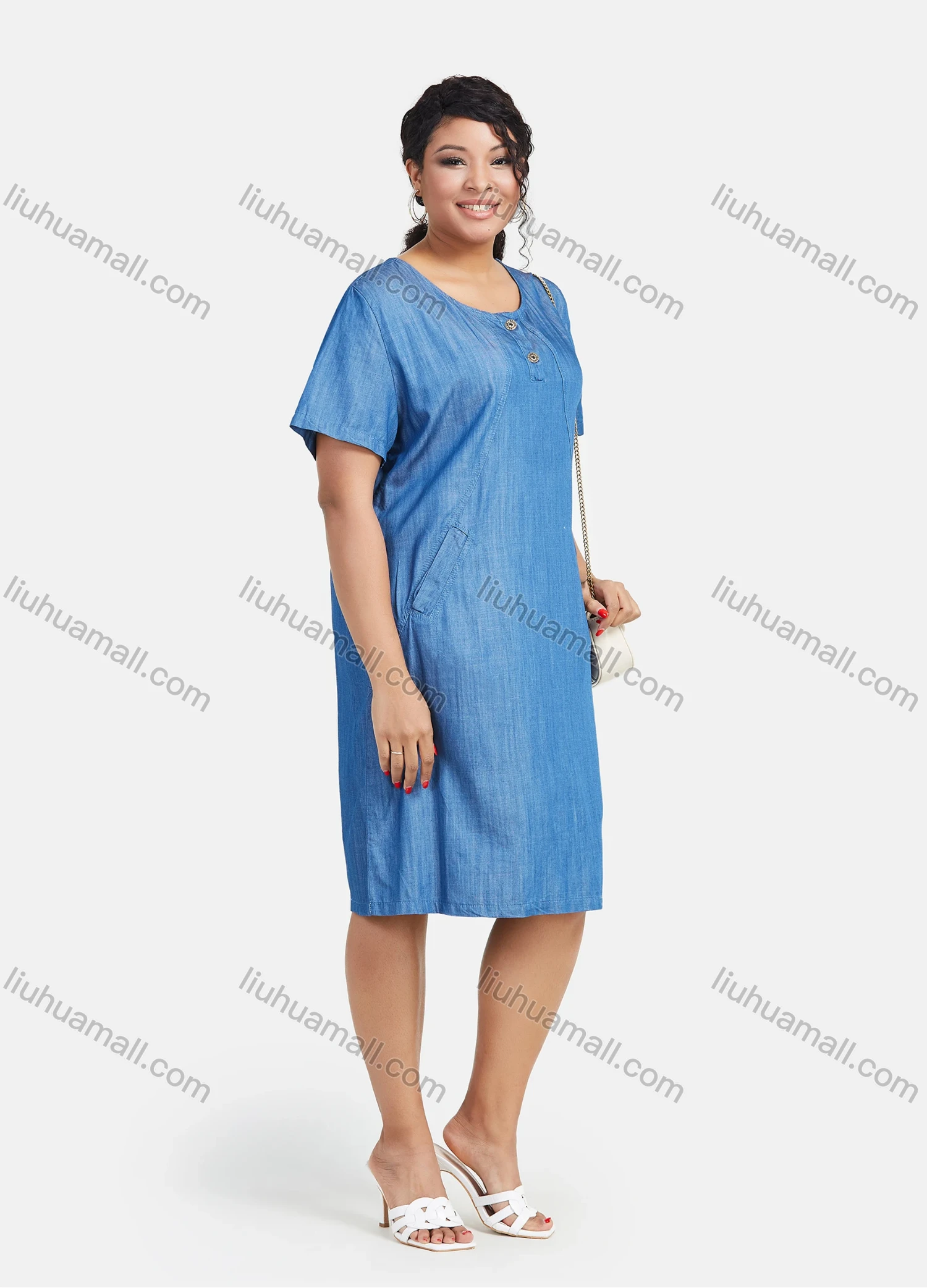 Wholesale Women's Plus Size Round Neck Plain Button Straight Denim Dress - Liuhuamall