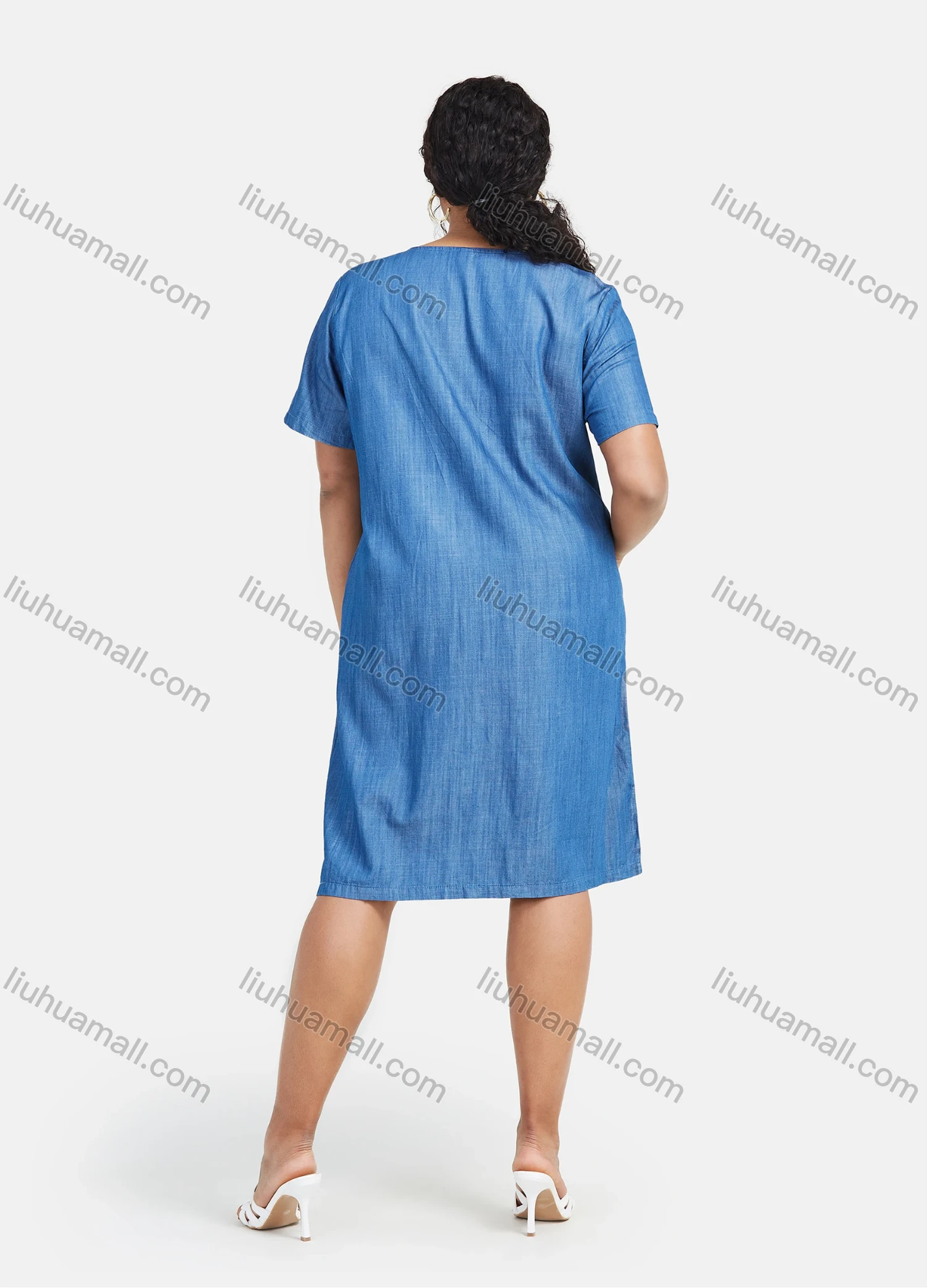 Wholesale Women's Plus Size Round Neck Plain Button Straight Denim Dress - Liuhuamall