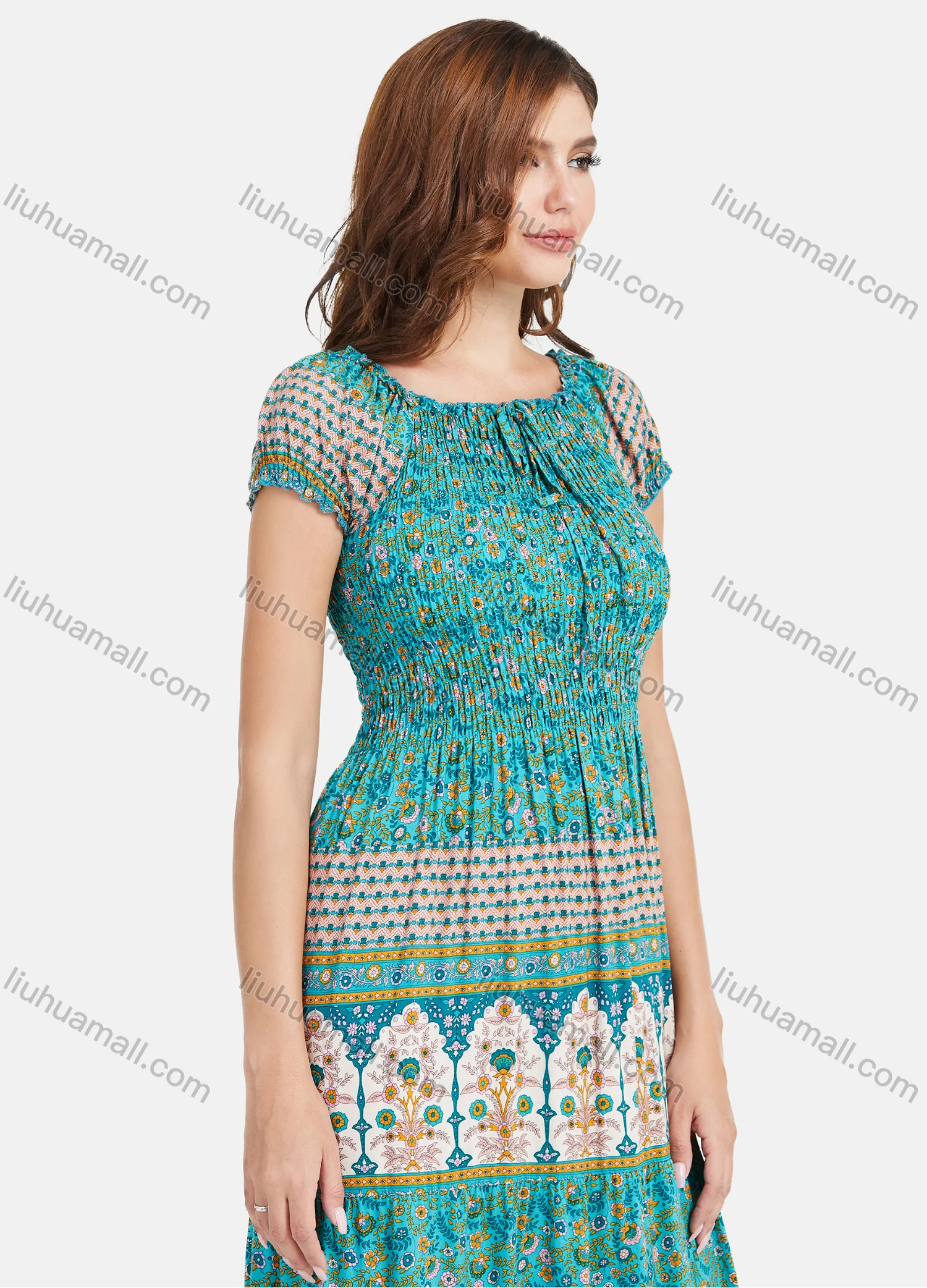 Wholesale Women's Casual Elastic Floral Print Shirred Short Sleeve Tie Front Maxi Dresse - Liuhuamall