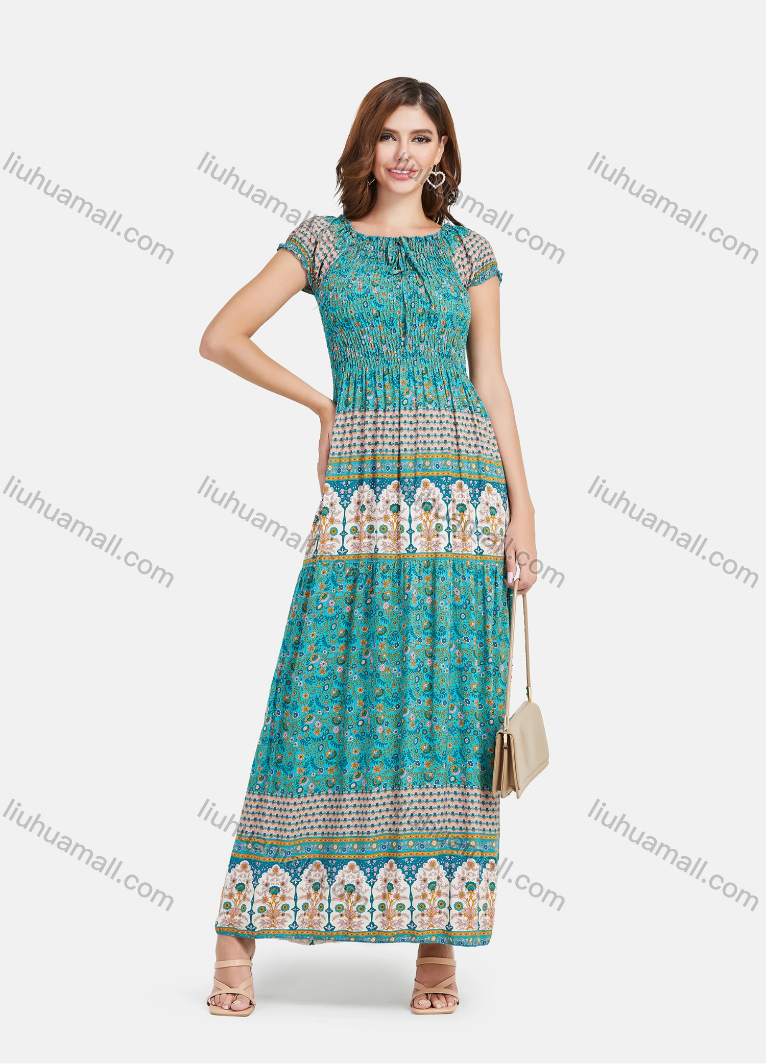 Wholesale Women's Casual Elastic Floral Print Shirred Short Sleeve Tie Front Maxi Dresse - Liuhuamall