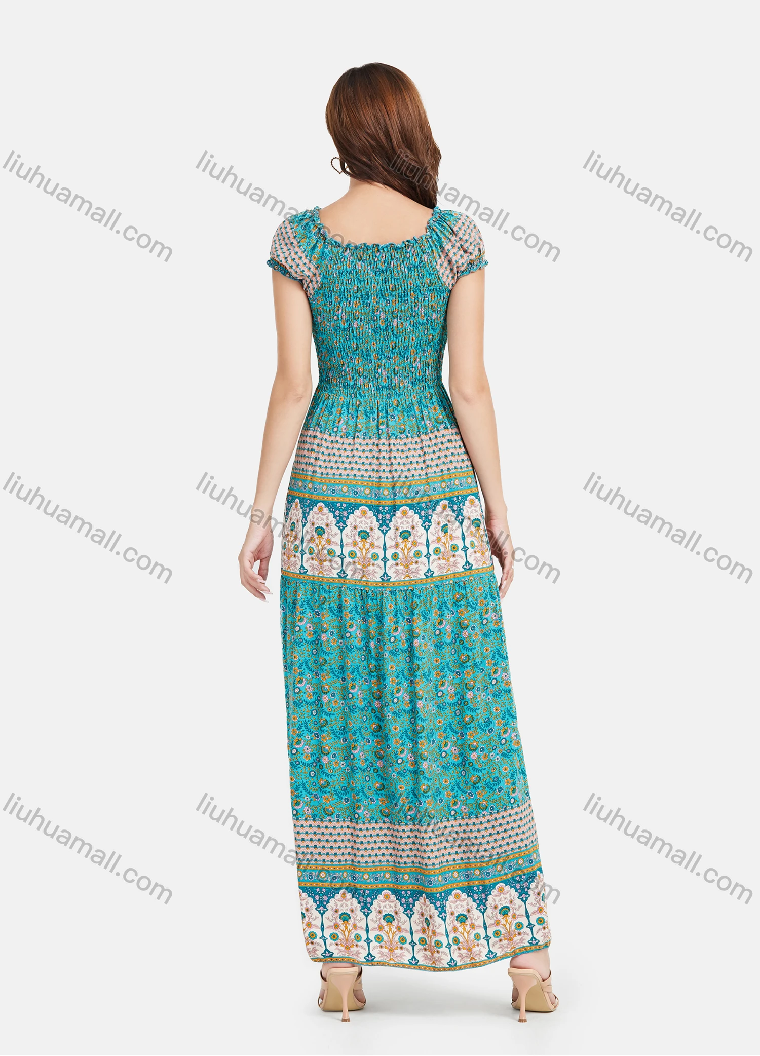 Wholesale Women's Casual Elastic Floral Print Shirred Short Sleeve Tie Front Maxi Dresse - Liuhuamall