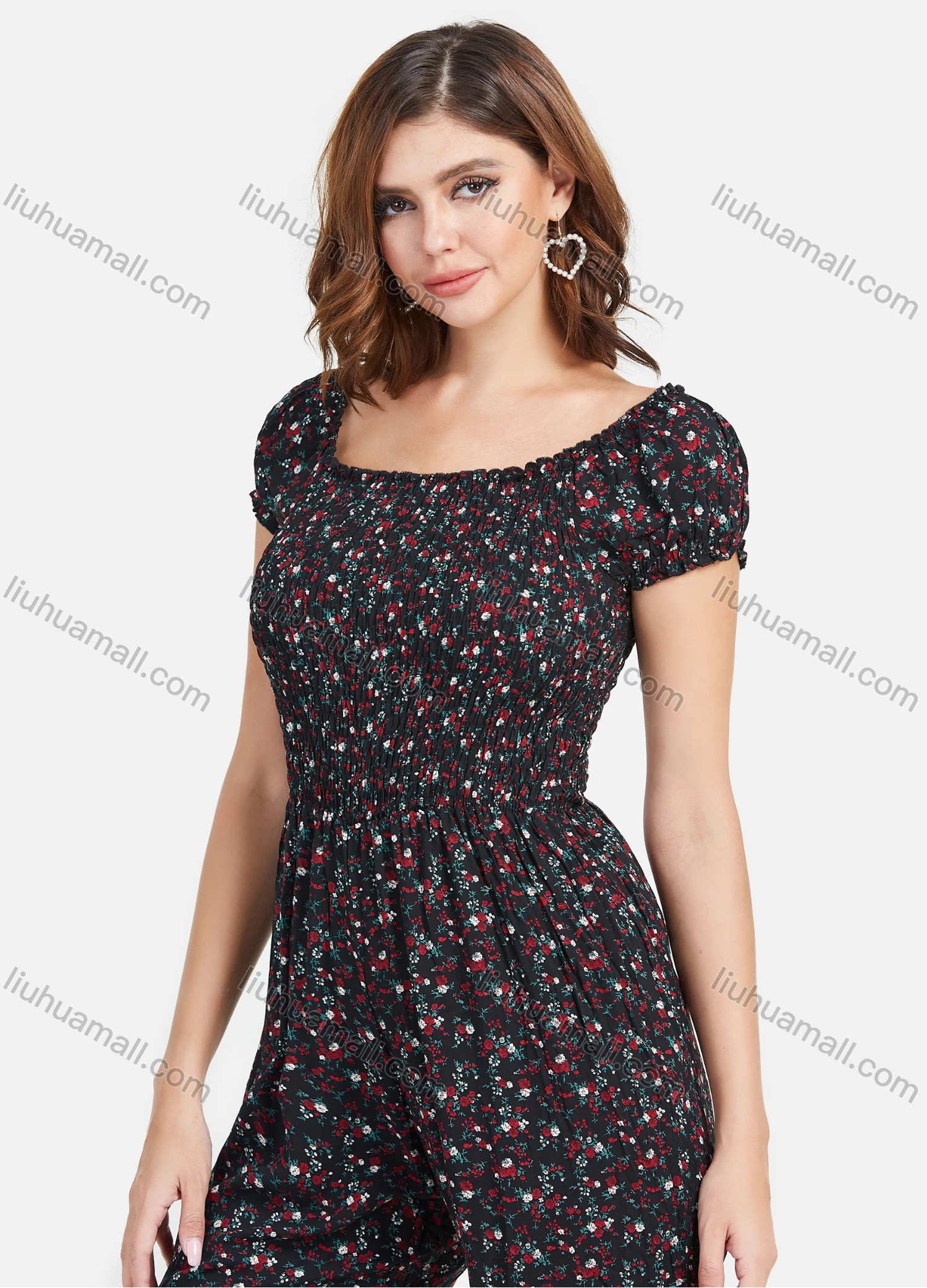 Wholesale Women's Square Neck Short Sleeve Shirred Floral Print Casual Jumpsuit - Liuhuamall