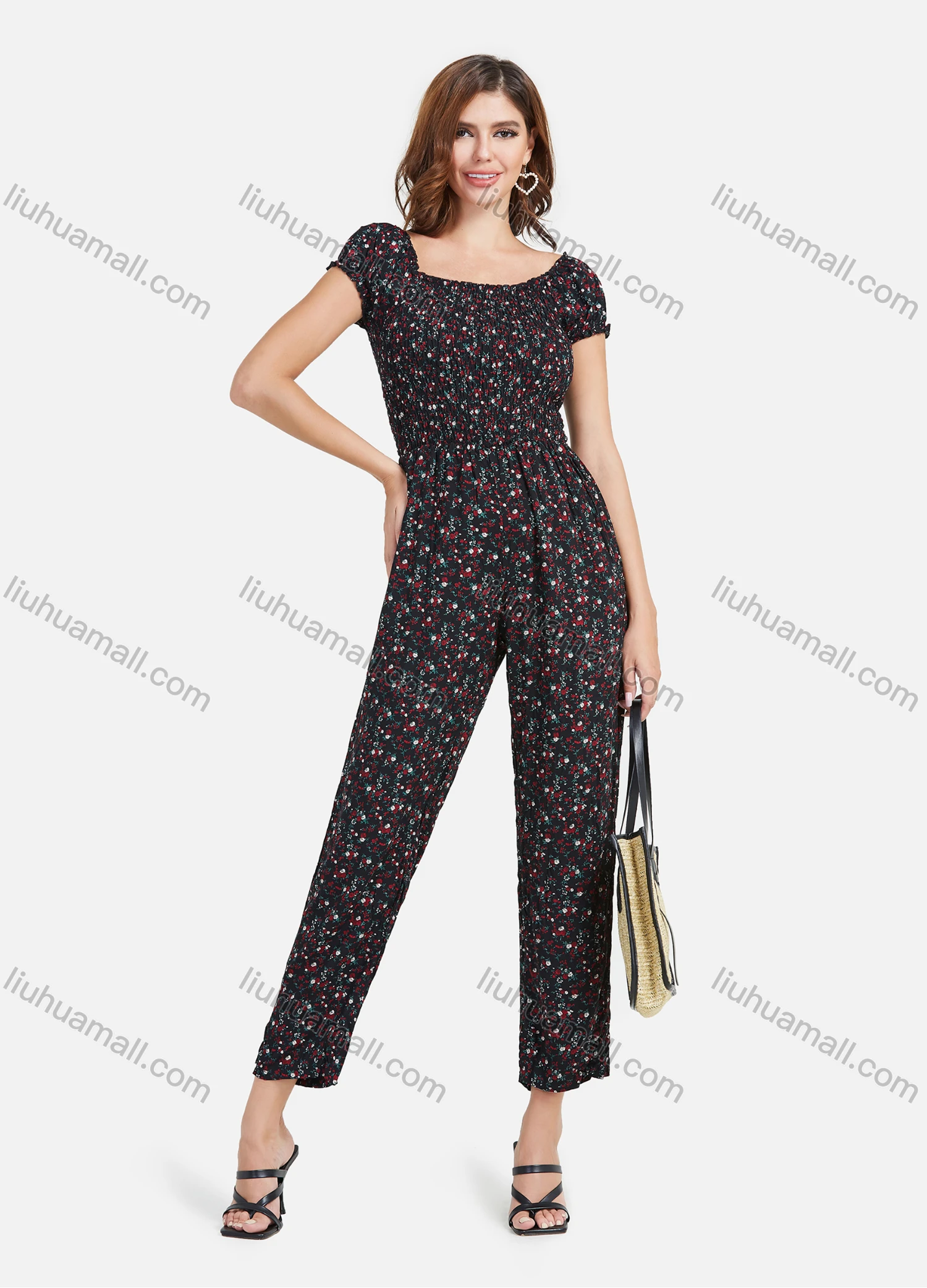 Wholesale Women's Square Neck Short Sleeve Shirred Floral Print Casual Jumpsuit - Liuhuamall