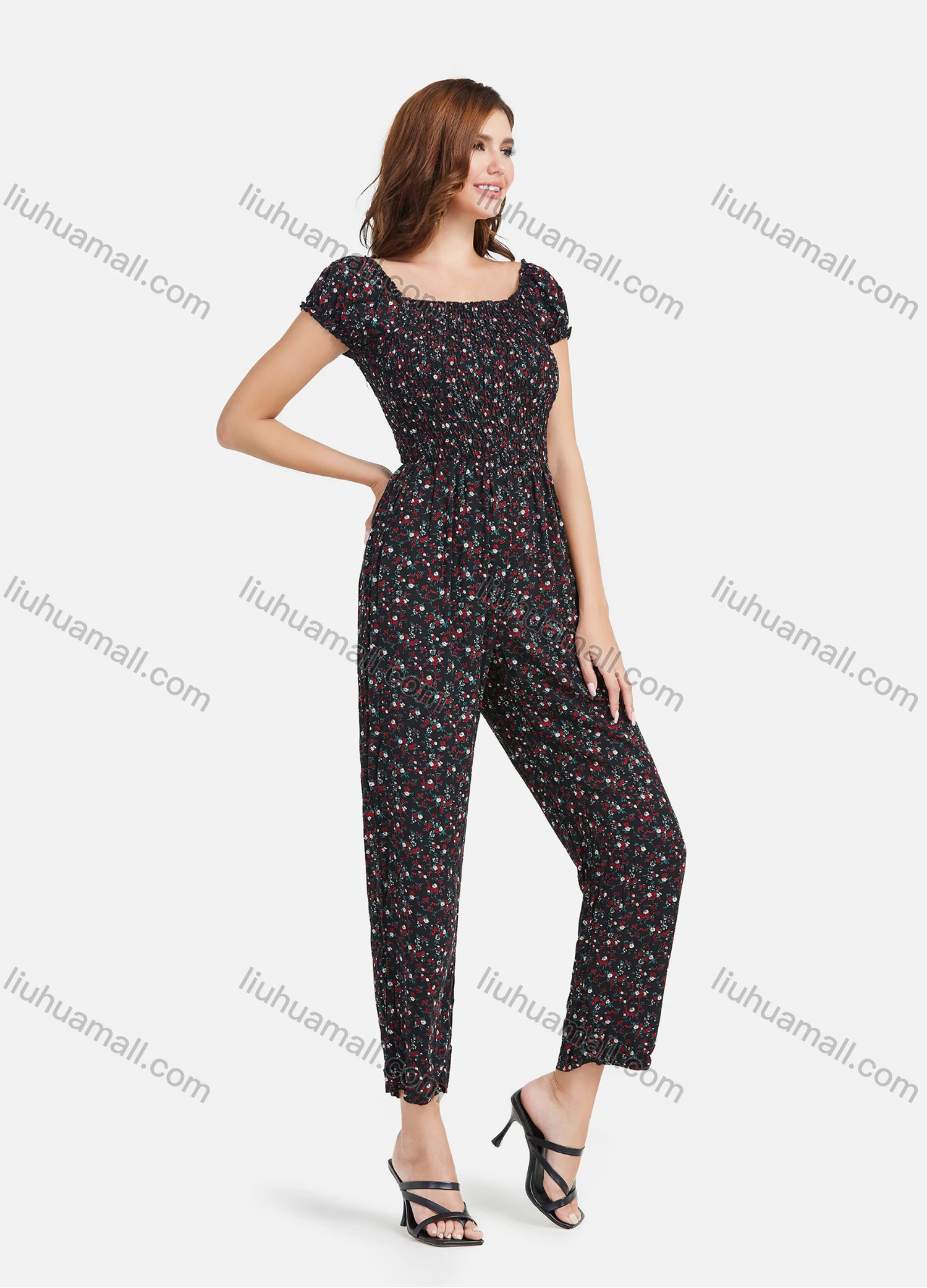 Wholesale Women's Square Neck Short Sleeve Shirred Floral Print Casual Jumpsuit - Liuhuamall