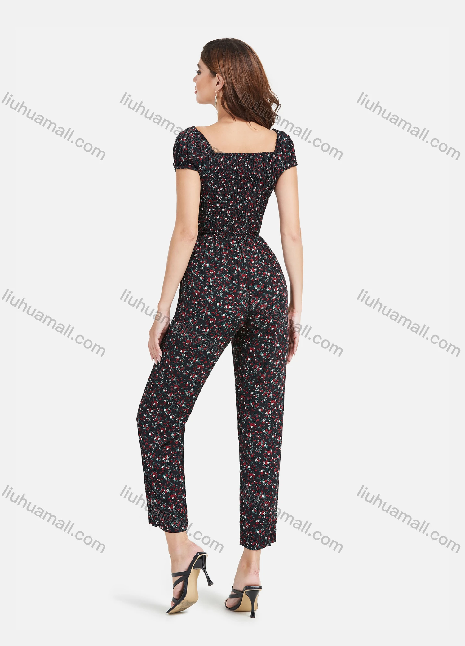 Wholesale Women's Square Neck Short Sleeve Shirred Floral Print Casual Jumpsuit - Liuhuamall
