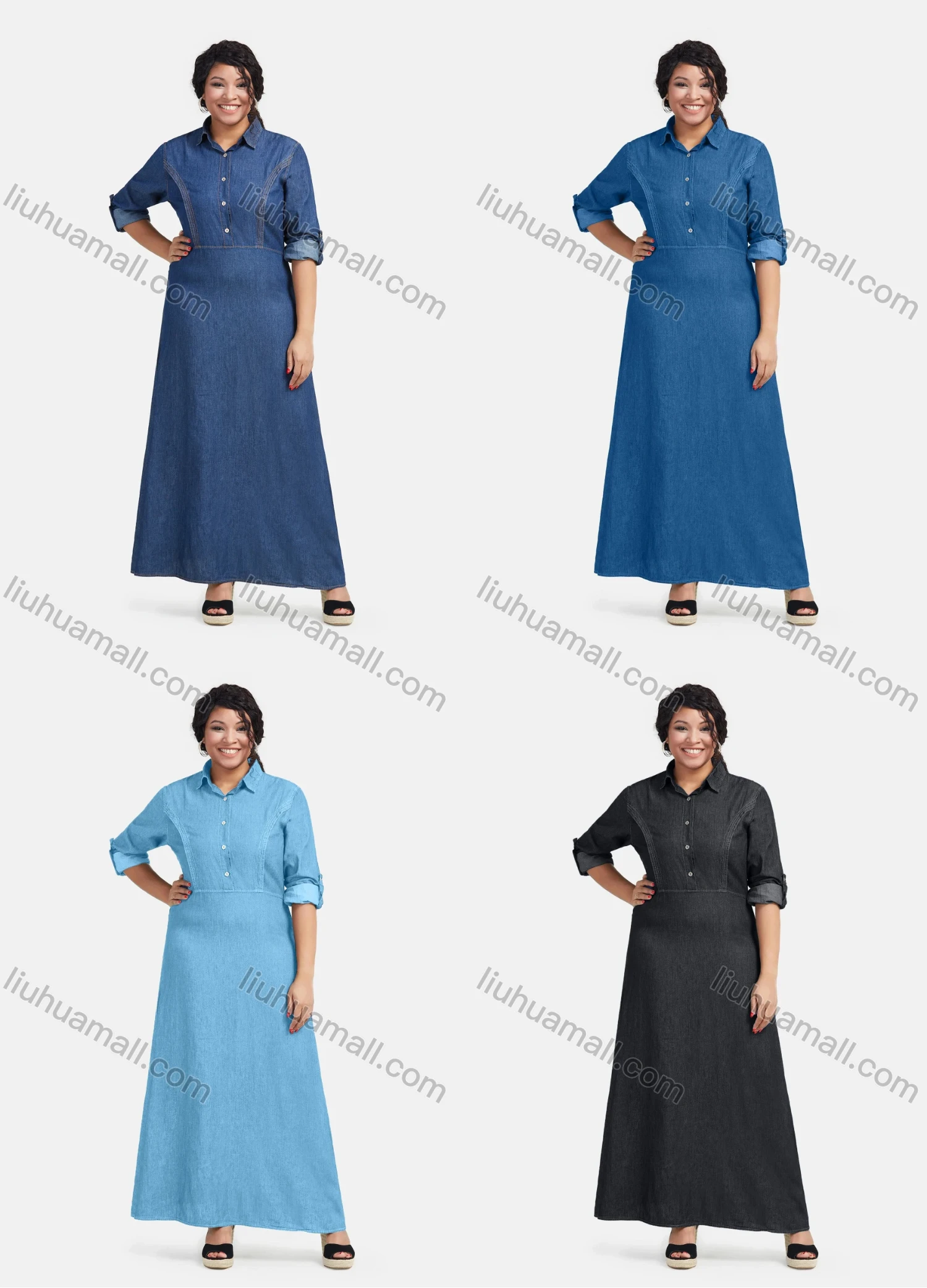 Wholesale Women's Plus Size Casual Layered Button Front Denim Maxi Dress - Liuhuamall