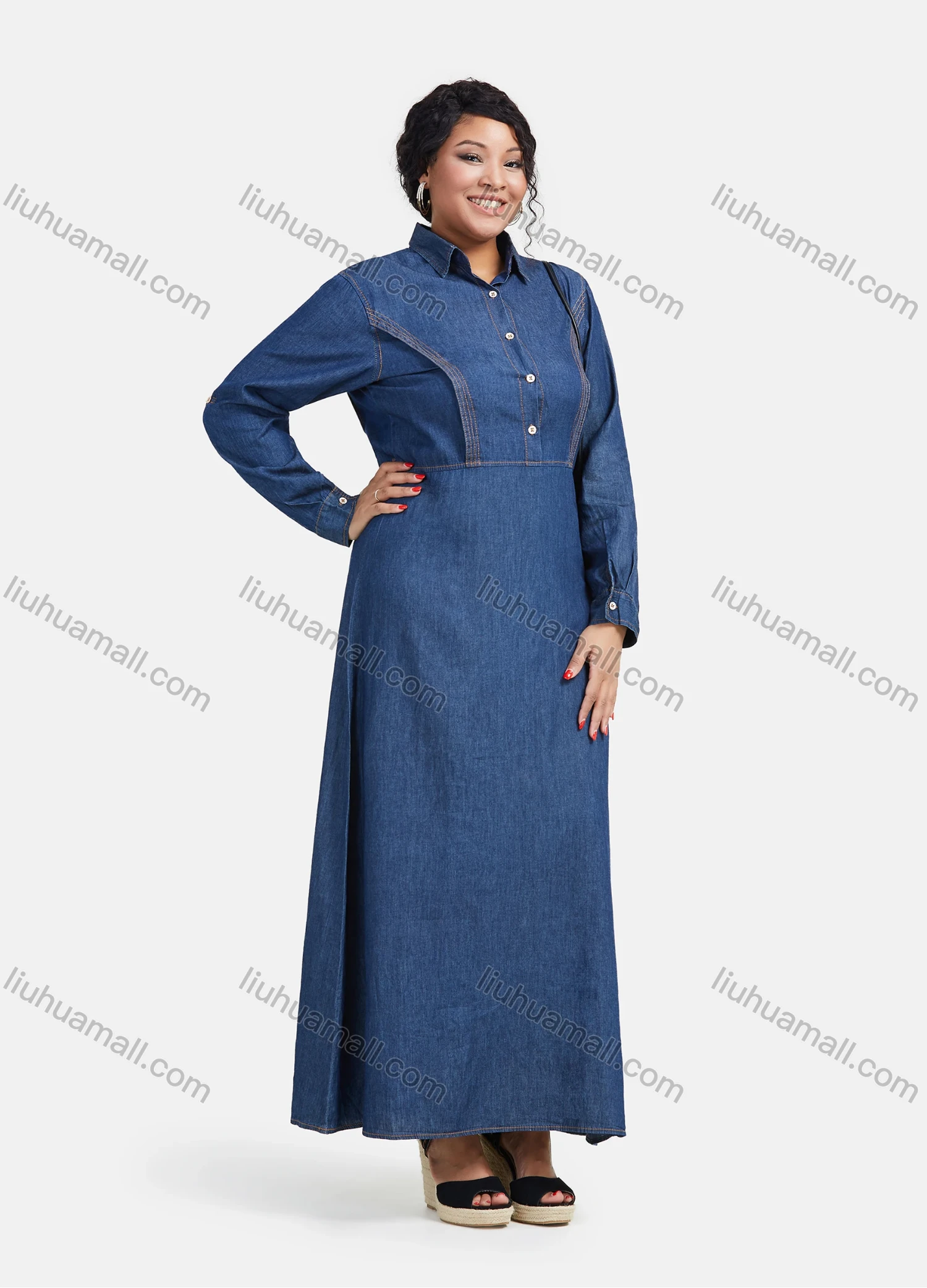 Wholesale Women's Plus Size Casual Layered Button Front Denim Maxi Dress - Liuhuamall