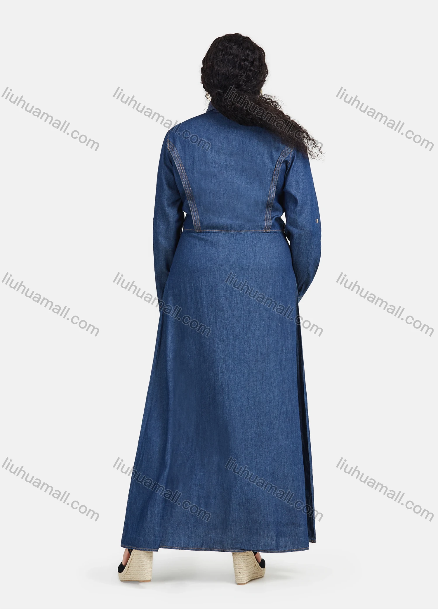 Wholesale Women's Plus Size Casual Layered Button Front Denim Maxi Dress - Liuhuamall