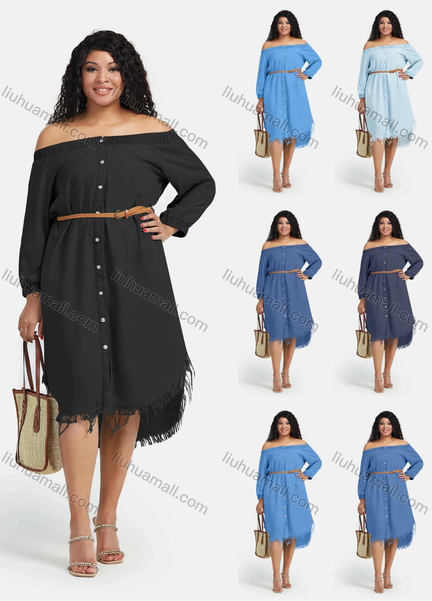 Wholesale Women's Denim Off Shoulder Frayed Raw Hem Button Down Knee Length Dress With Belt - Liuhuamall