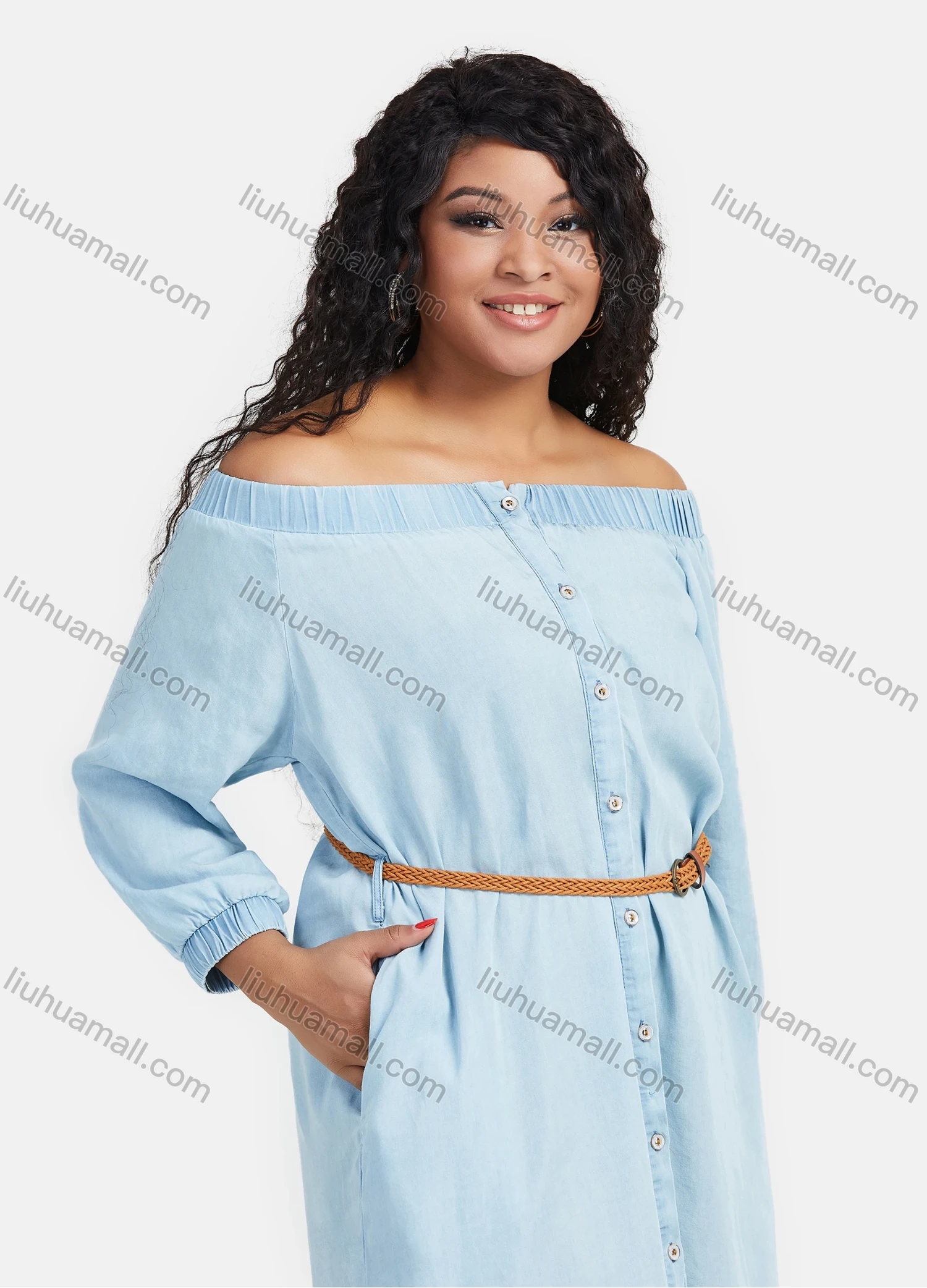 Wholesale Women's Denim Off Shoulder Frayed Raw Hem Button Down Knee Length Dress With Belt - Liuhuamall