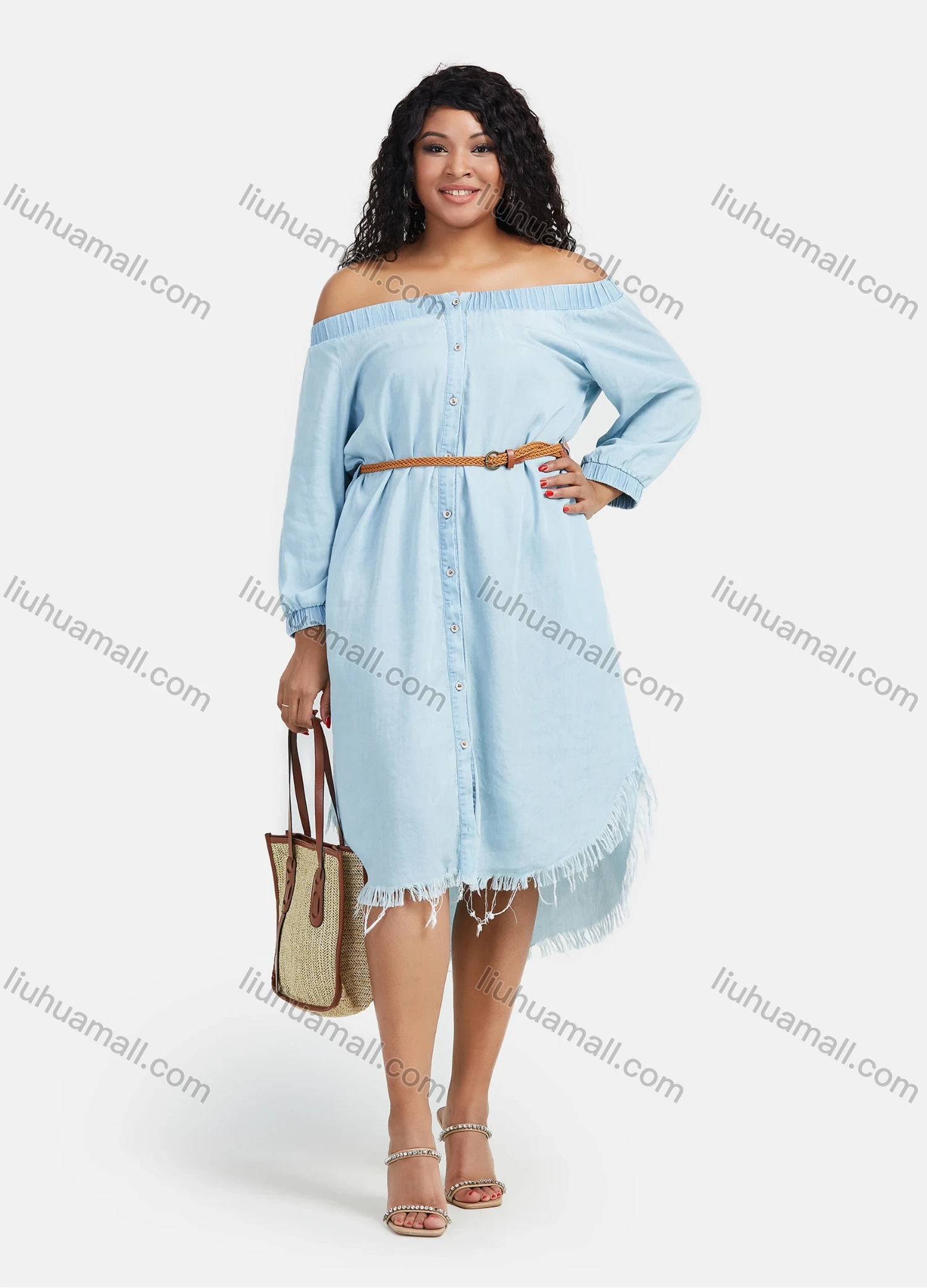 Wholesale Women's Denim Off Shoulder Frayed Raw Hem Button Down Knee Length Dress With Belt - Liuhuamall