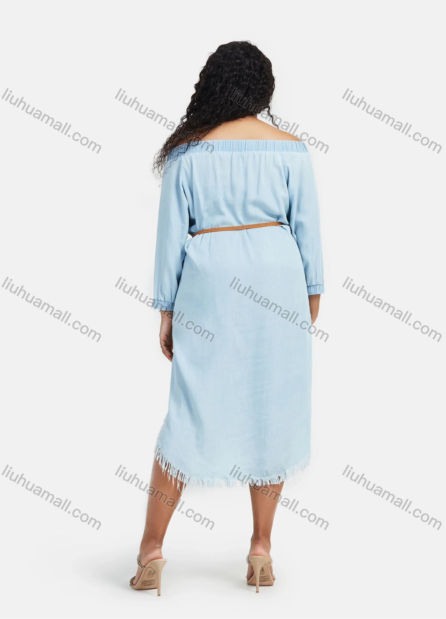 Wholesale Women's Denim Off Shoulder Frayed Raw Hem Button Down Knee Length Dress With Belt - Liuhuamall