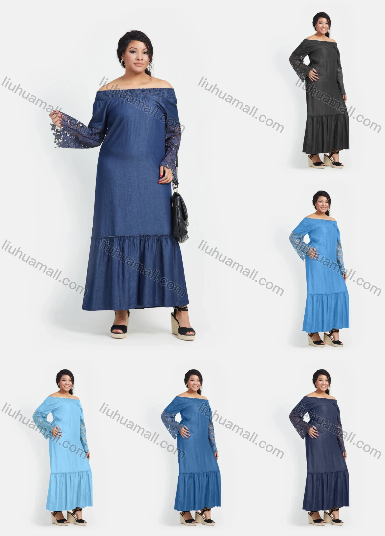 Wholesale Women's Casual Off Shoulder Ruffle Hem Denim Maxi Dress - Liuhuamall