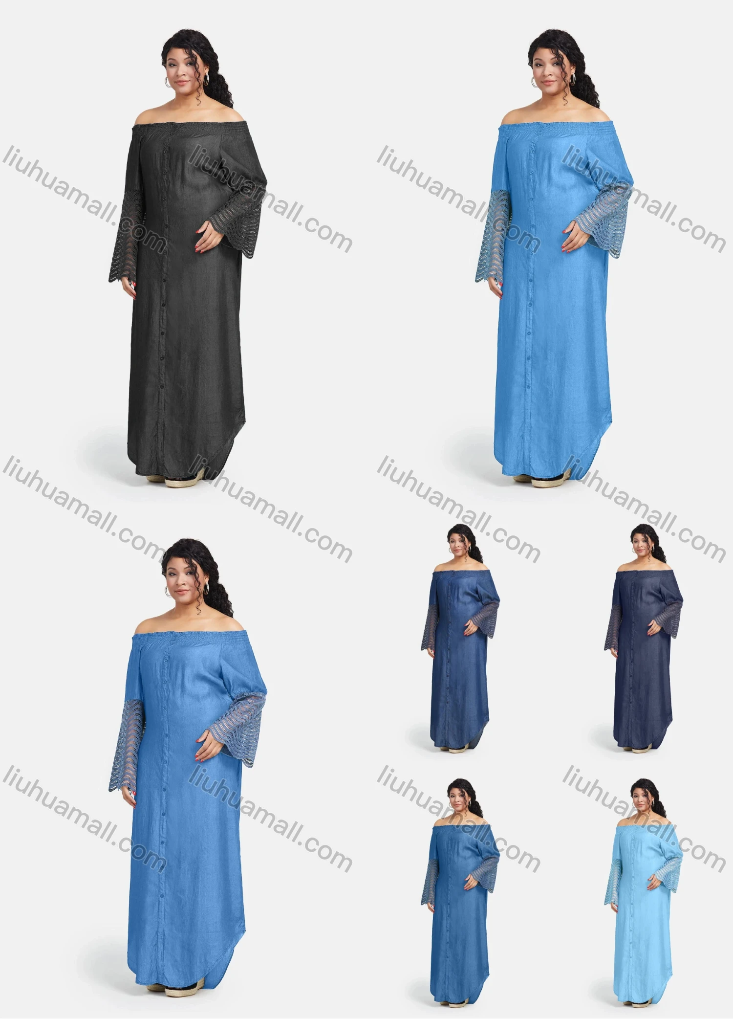 Wholesale Women's Off Shoulder Hollow Wave Sleeve High Low Hem Denim Maxi Dress - Liuhuamall