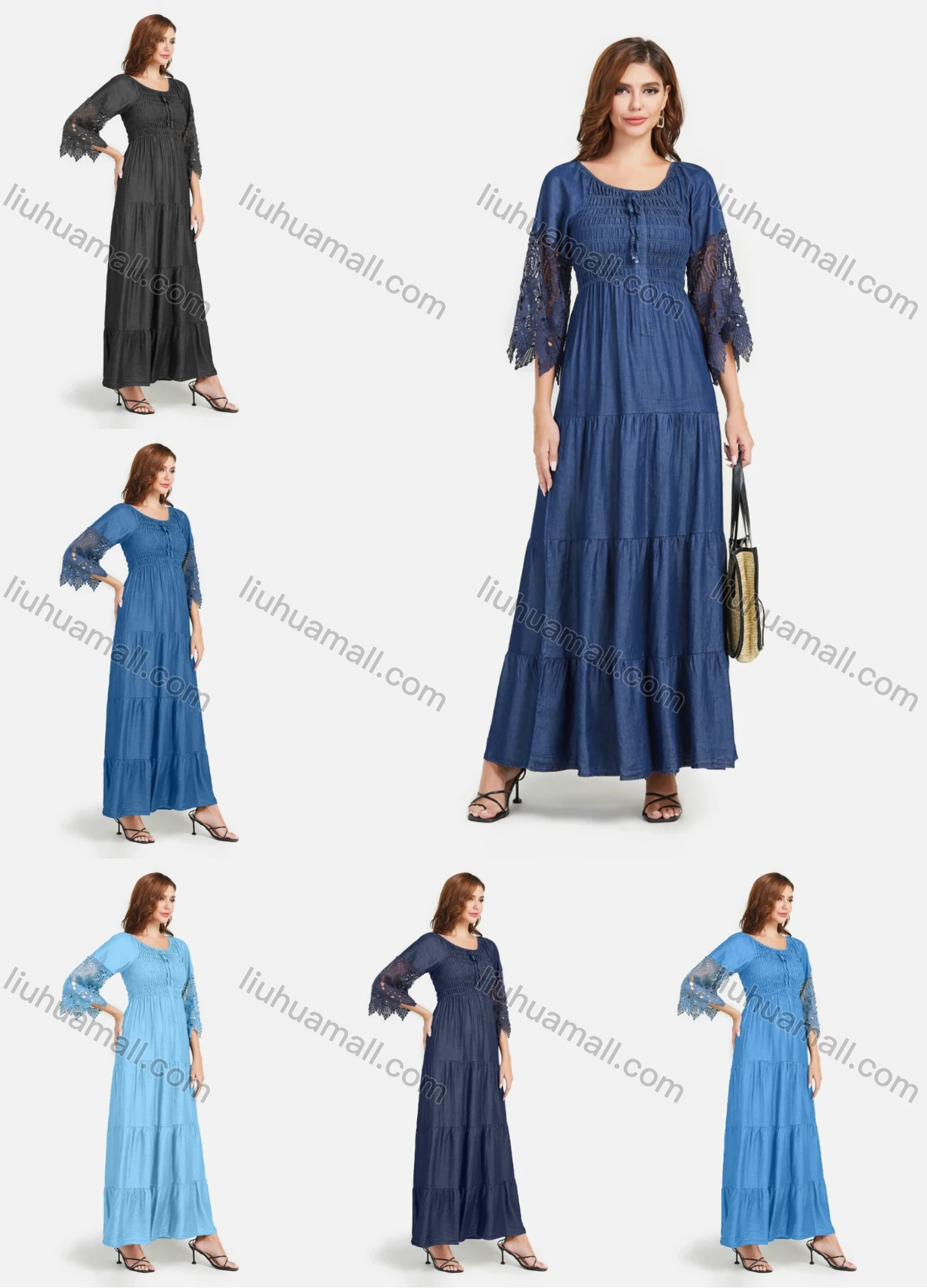 Wholesale Women's Casual Tie Front Ruffle Hem Denim Maxi Dress - Liuhuamall