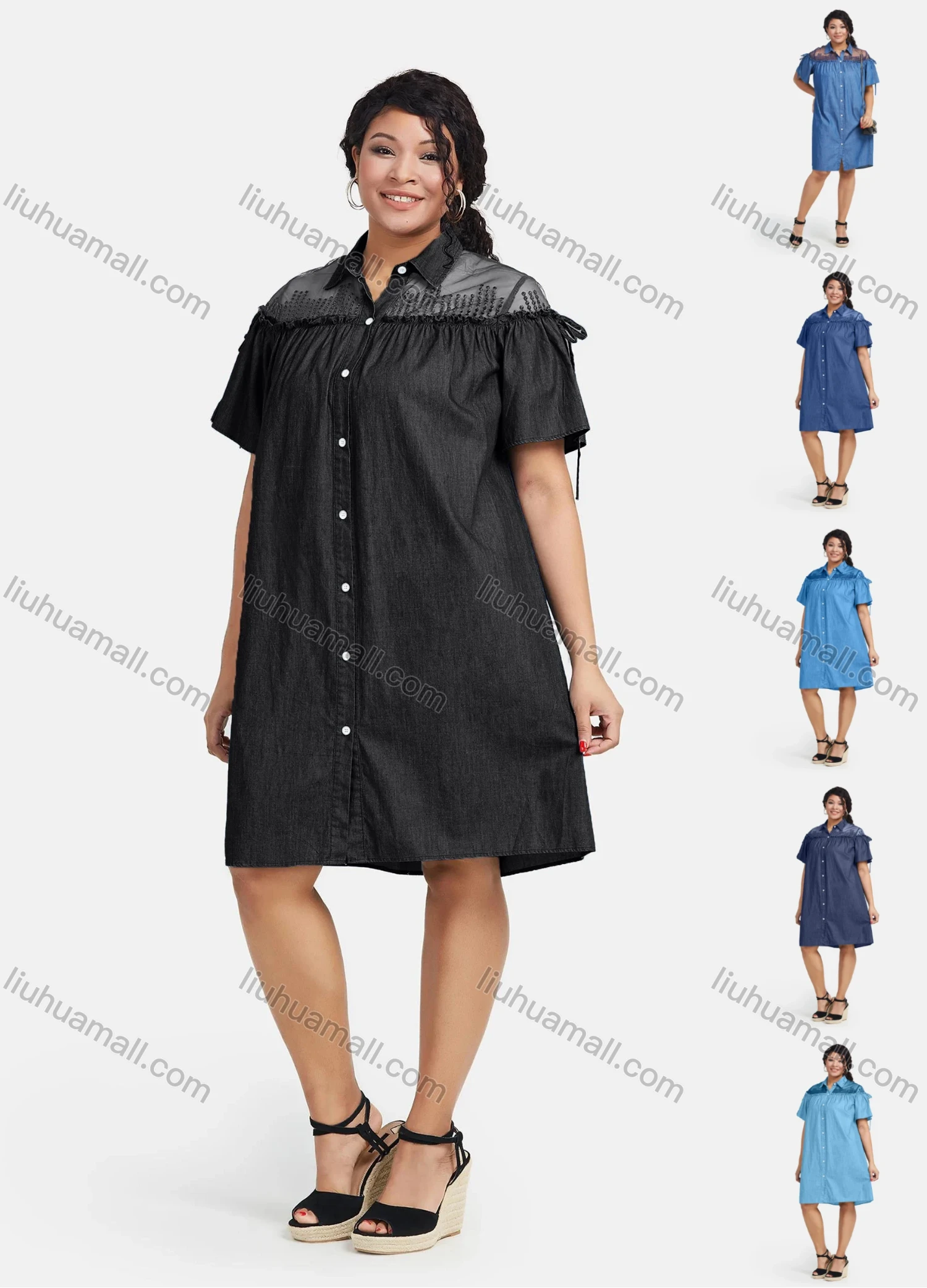 Wholesale Women's Casual Knotted Shoulder Hollow Embroidery Button Denim Dress - Liuhuamall