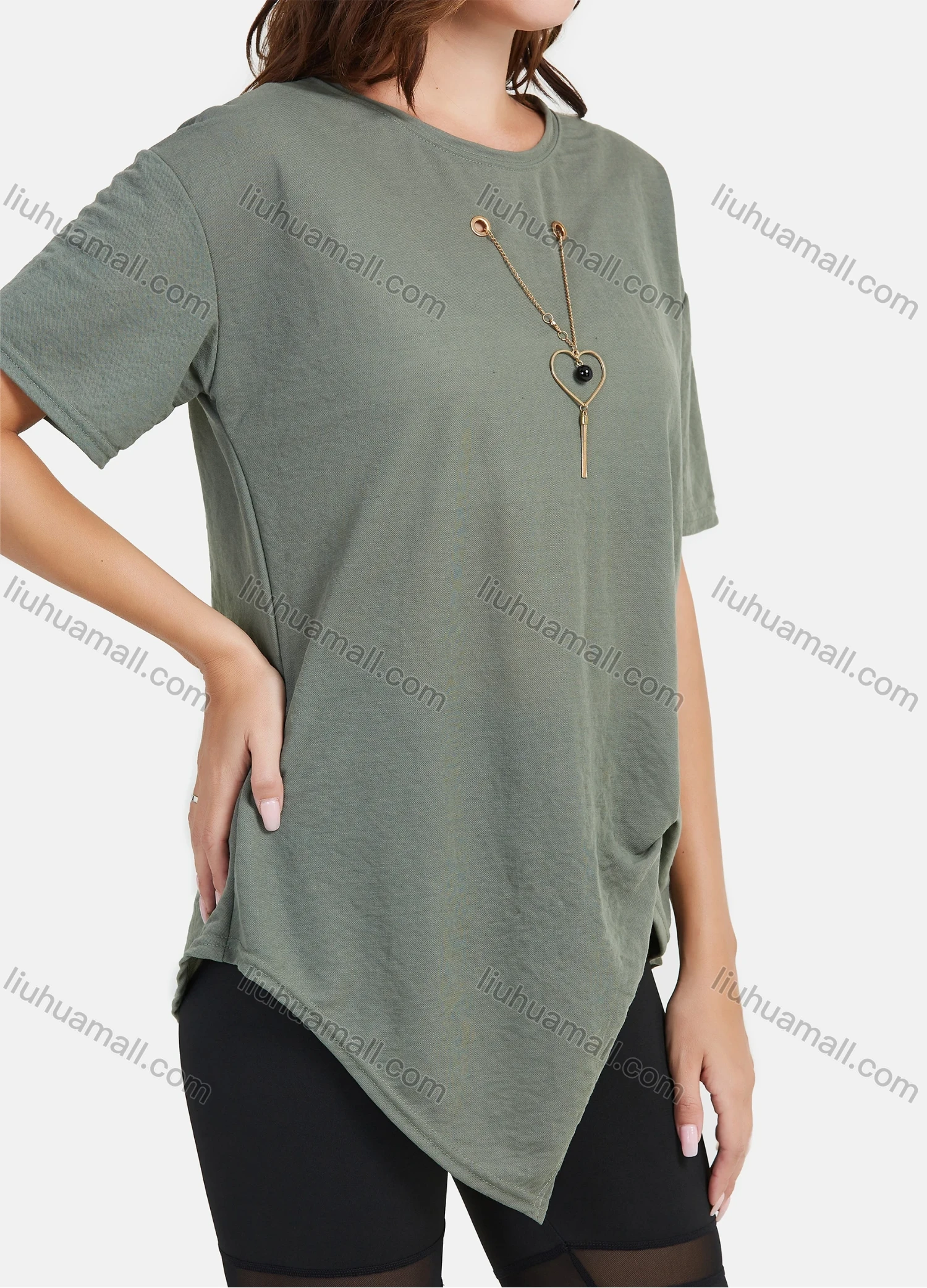 Wholesale Women's Summer Casual Heart Pendant Decoration Asymmetrical Hem Tee - Liuhuamall