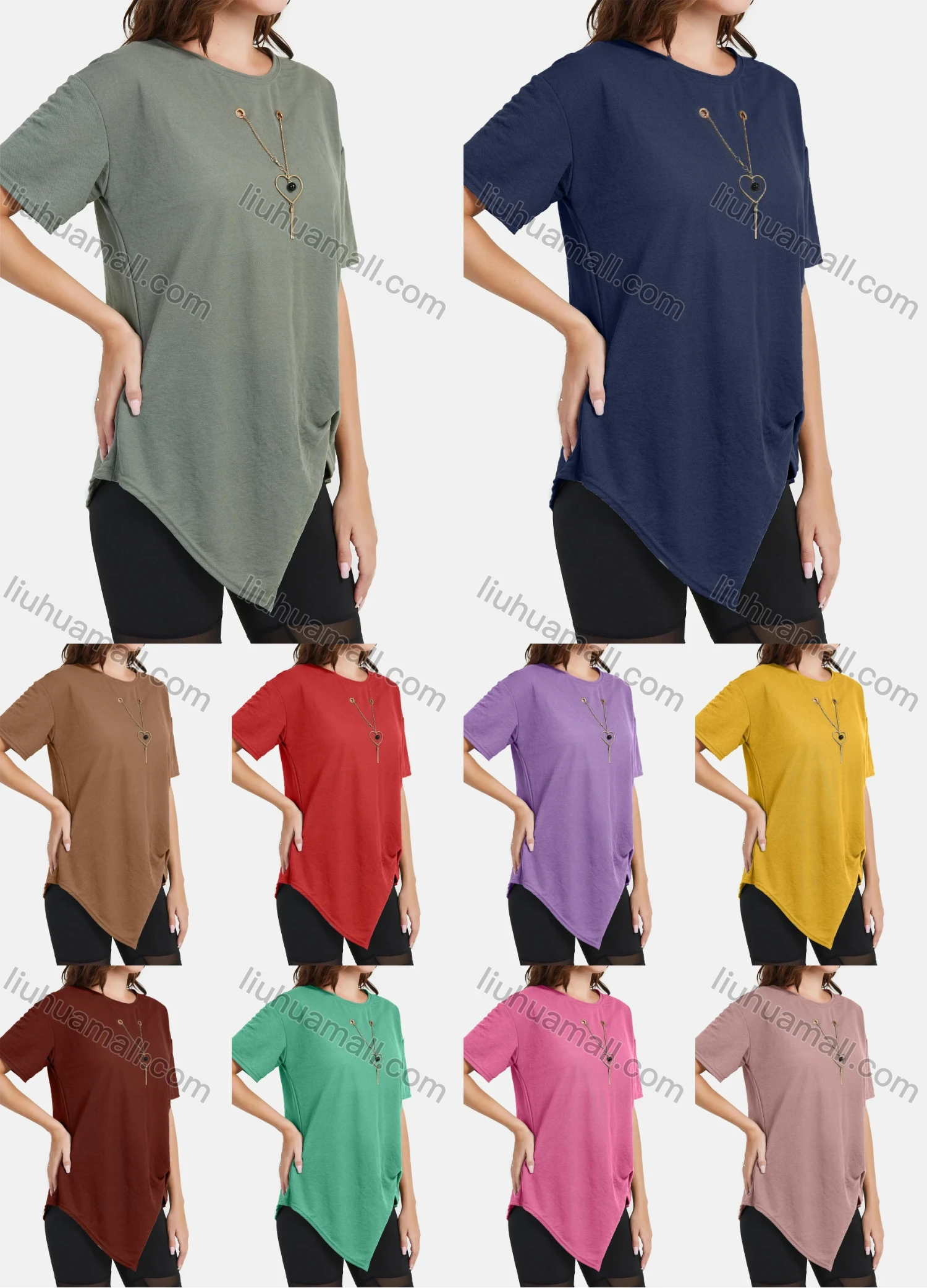 Wholesale Women's Summer Casual Heart Pendant Decoration Asymmetrical Hem Tee - Liuhuamall