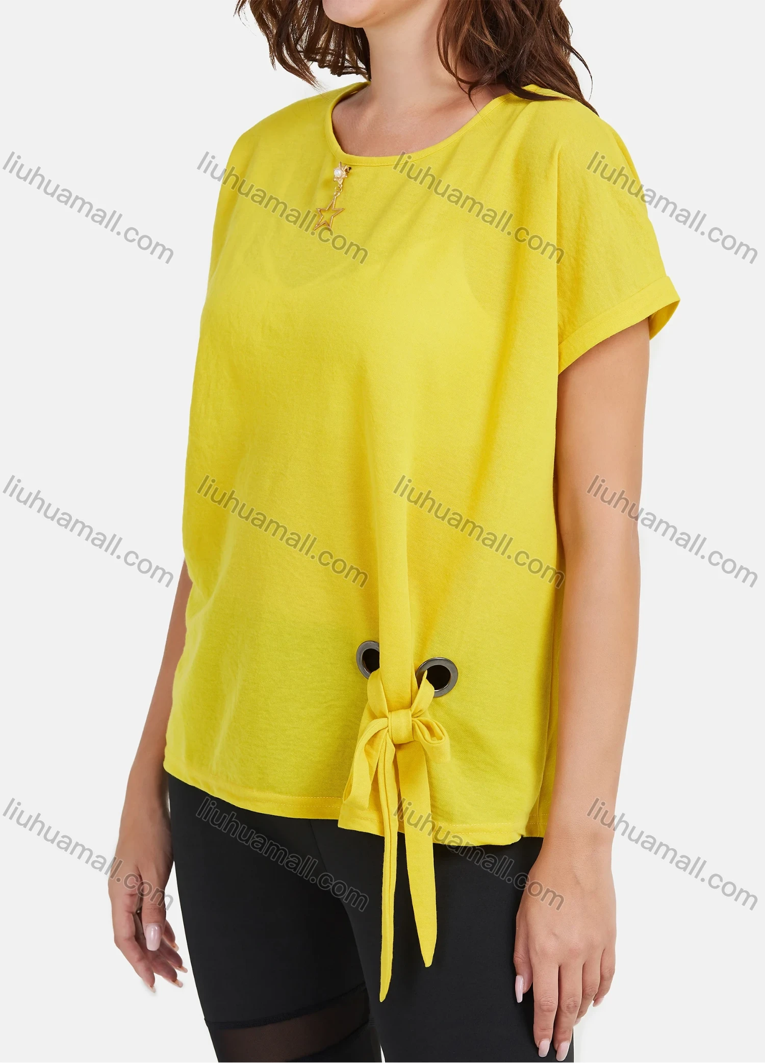 Wholesale Women's Casual Plain Round Neck Pendant Decoration Knotted Hem Tee - Liuhuamall