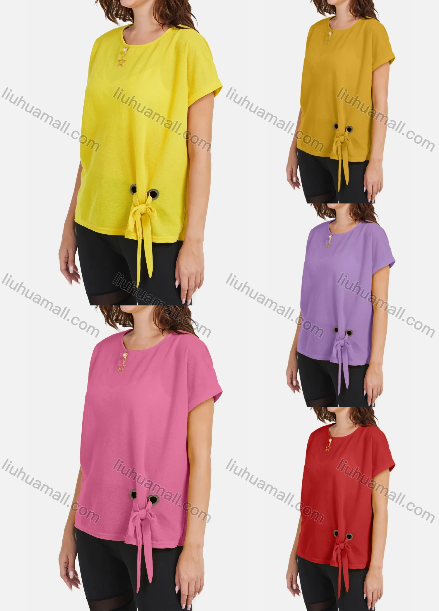 Wholesale Women's Casual Plain Round Neck Pendant Decoration Knotted Hem Tee - Liuhuamall