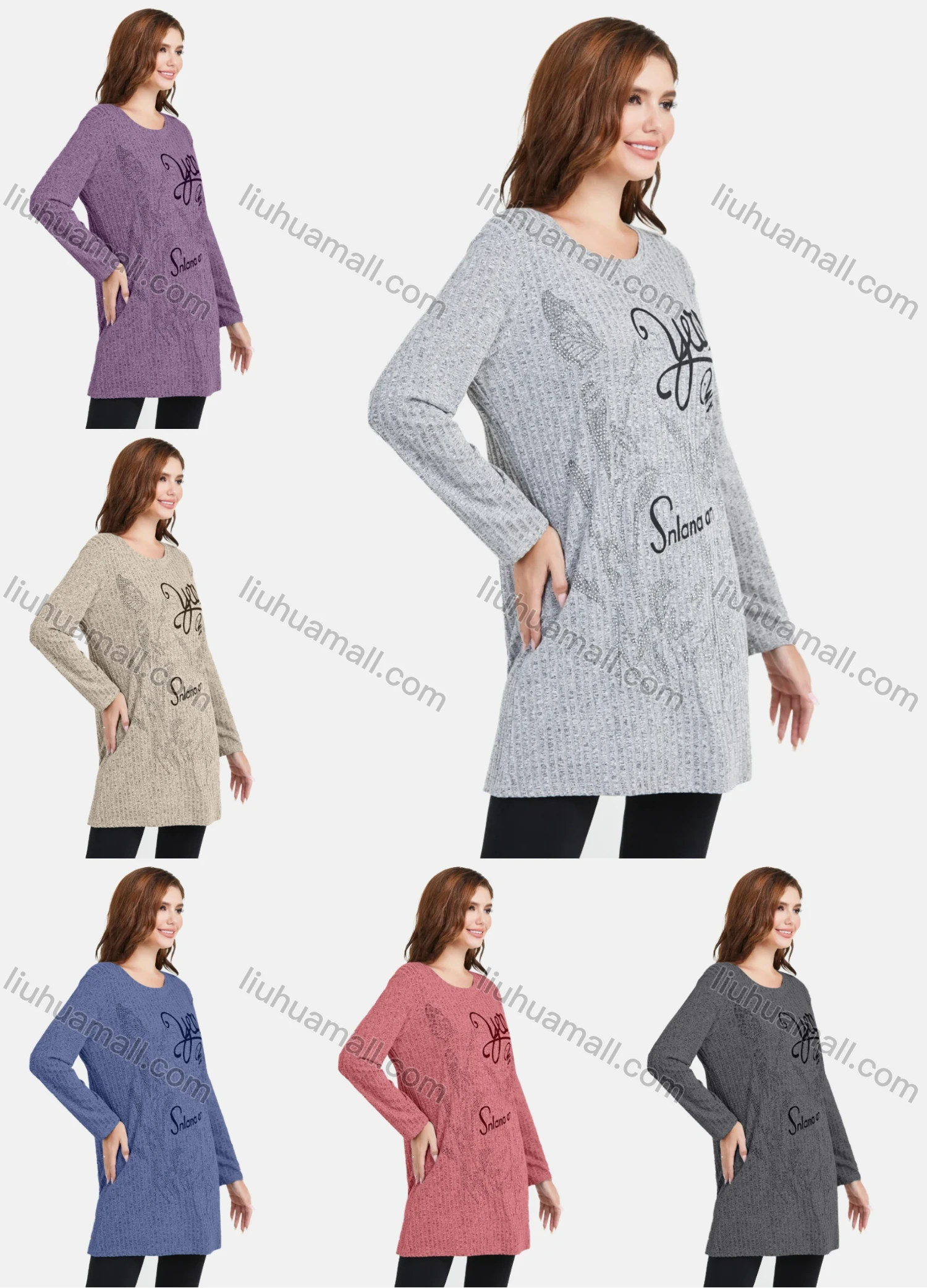 Wholesale Women's Casual Round Neck Rhinestone Letter Print Long Sleeve Rib Knit Tunic - Liuhuamall