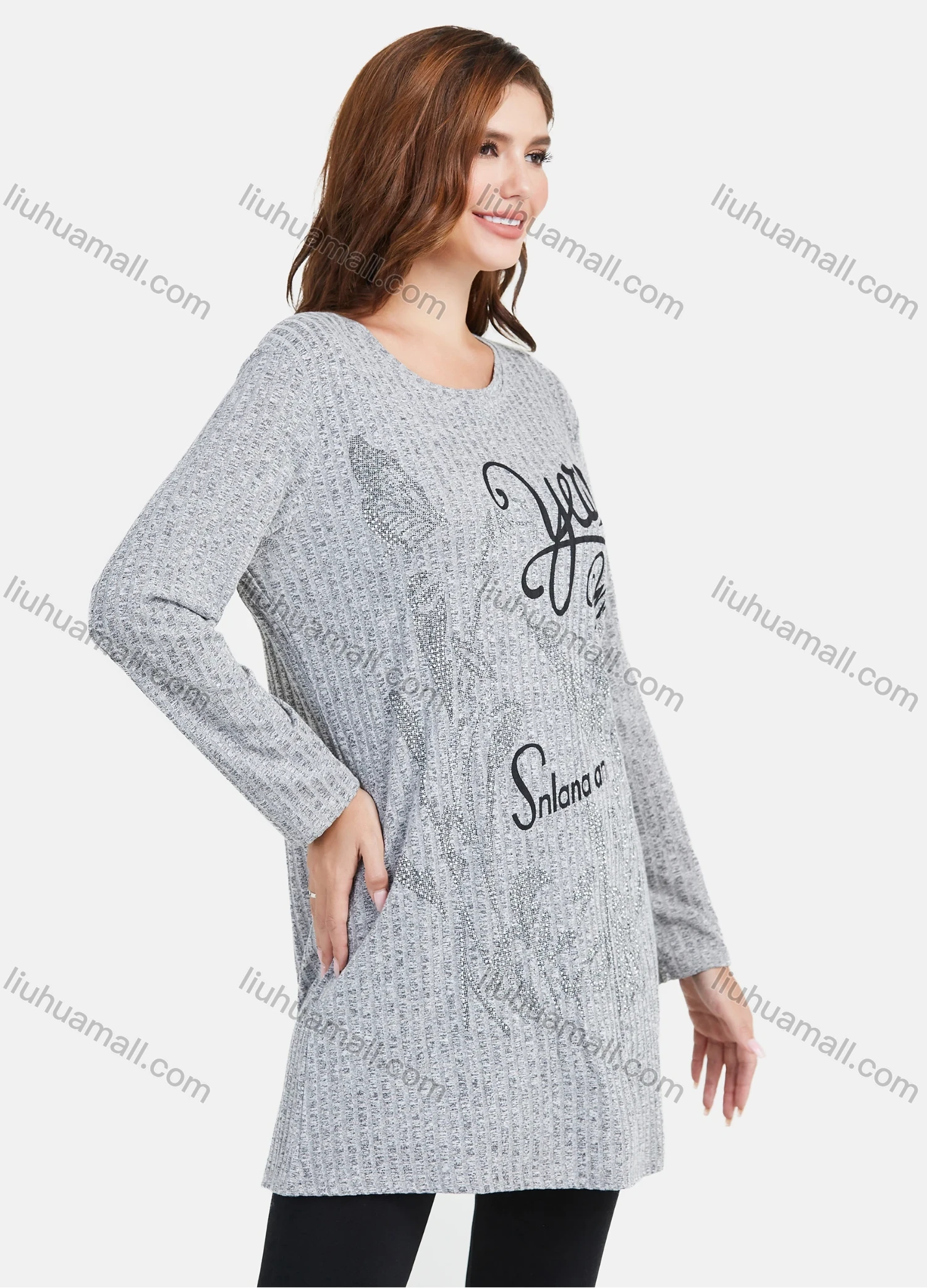 Wholesale Women's Casual Round Neck Rhinestone Letter Print Long Sleeve Rib Knit Tunic - Liuhuamall
