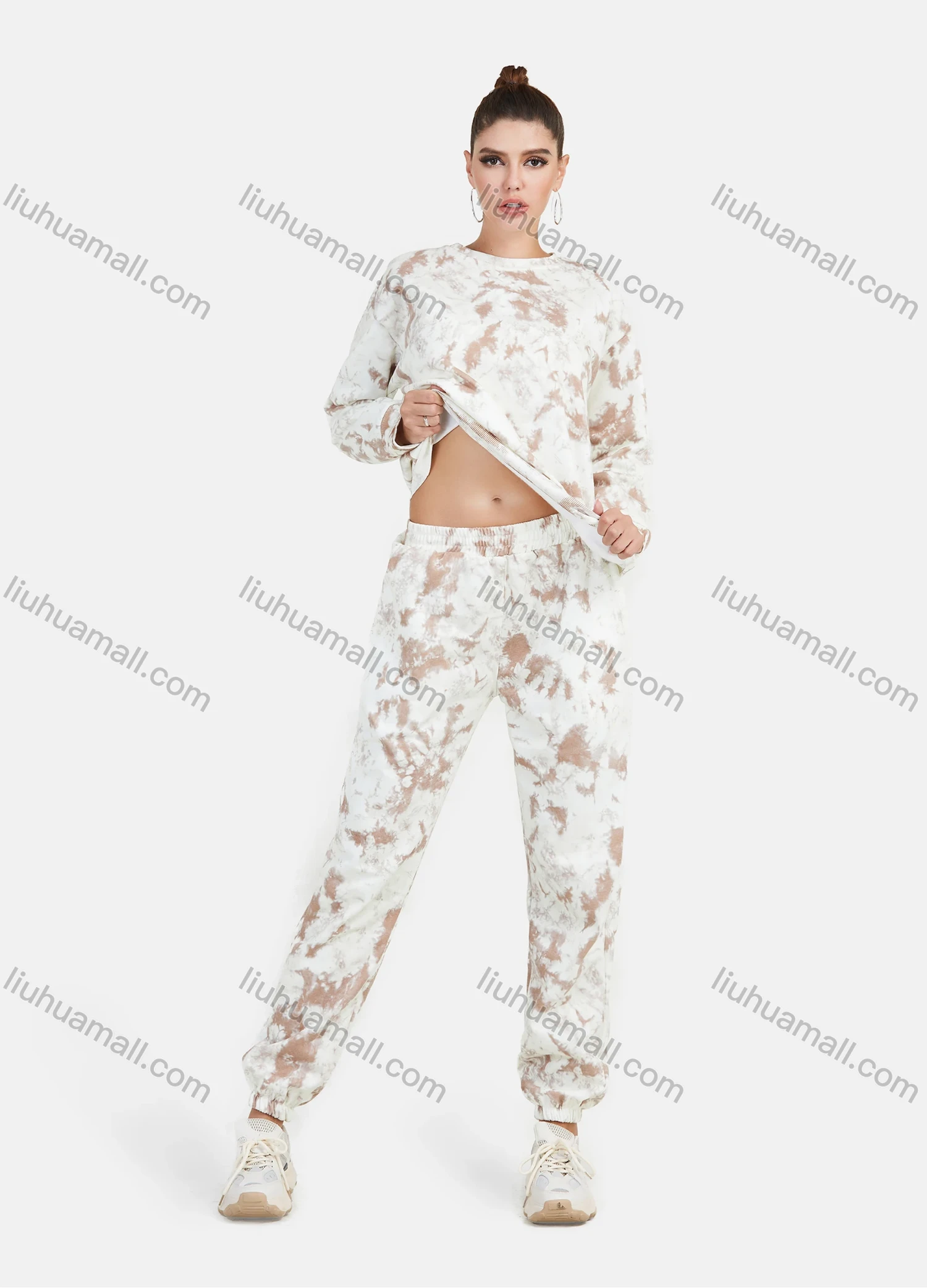 Wholesale Women's Casual Round Neck Drop Shoulder Tie Dye Long Sleeve Sweatshirt & Pants 2 Piece Set - Liuhuamall